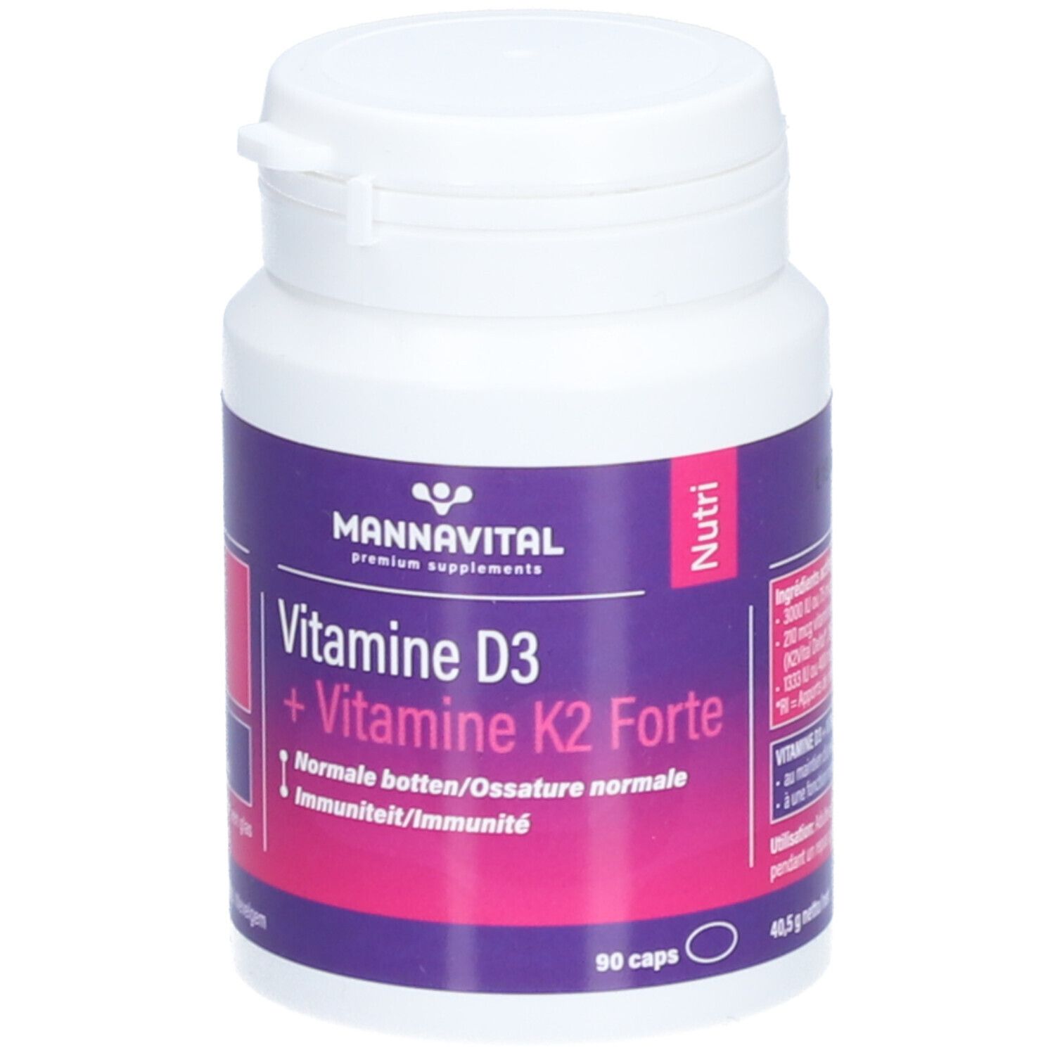 Witte fles met paars etiket. Opschrift: Mannavital Vitamine D3 + K2 Forte. 90 capsules.