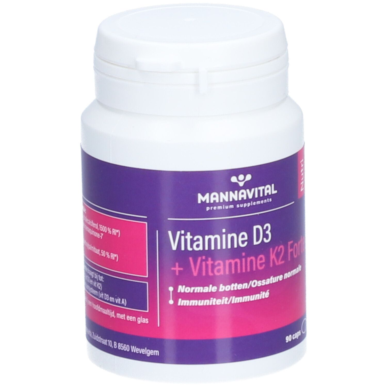 Witte fles met paars etiket. Opschrift: Mannavital Vitamine D3 + K2 Forte. 90 capsules.