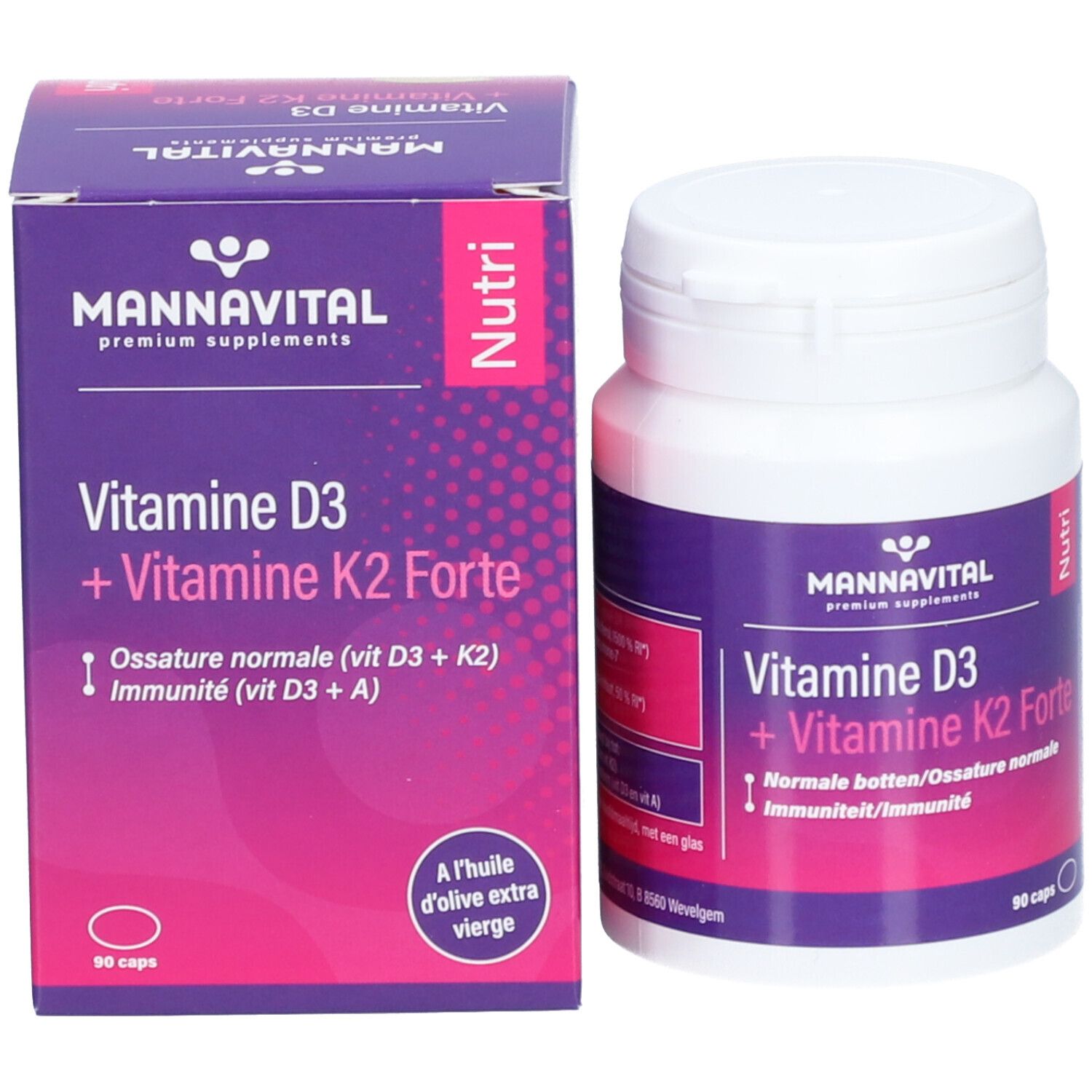 Productverpakking en fles. Opschrift: Mannavital Vitamine D3 + K2 Forte. 90 capsules.