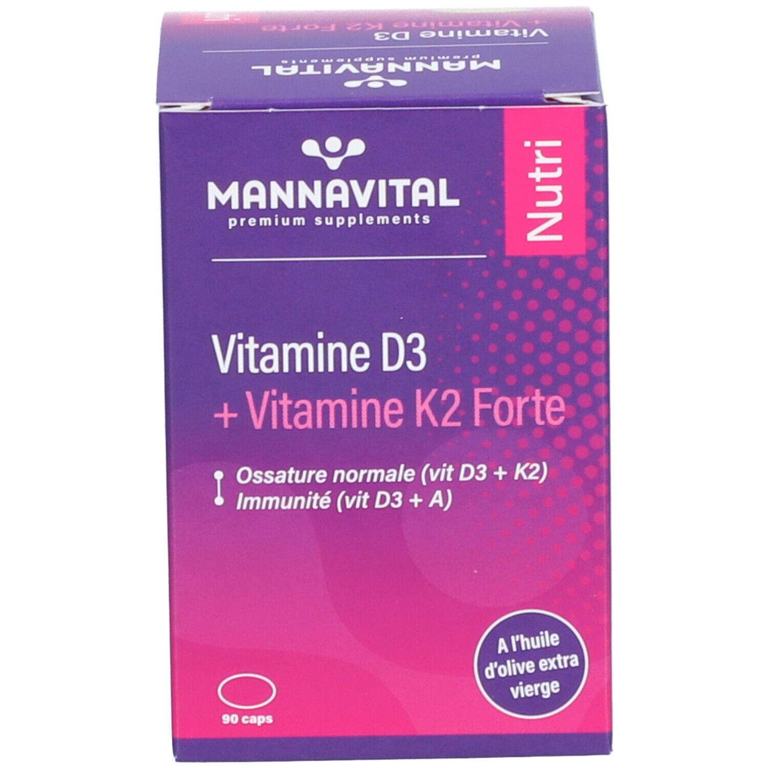 Productverpakking. Opschrift: Mannavital Vitamine D3 + K2 Forte. 90 capsules.