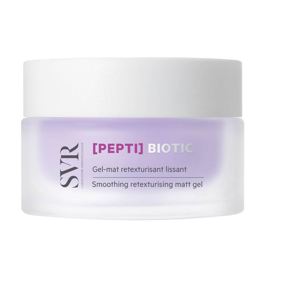 Pot de crème avec couvercle blanc et verre violet. Inscription : [PEPTI] BIOTIC, SVR.