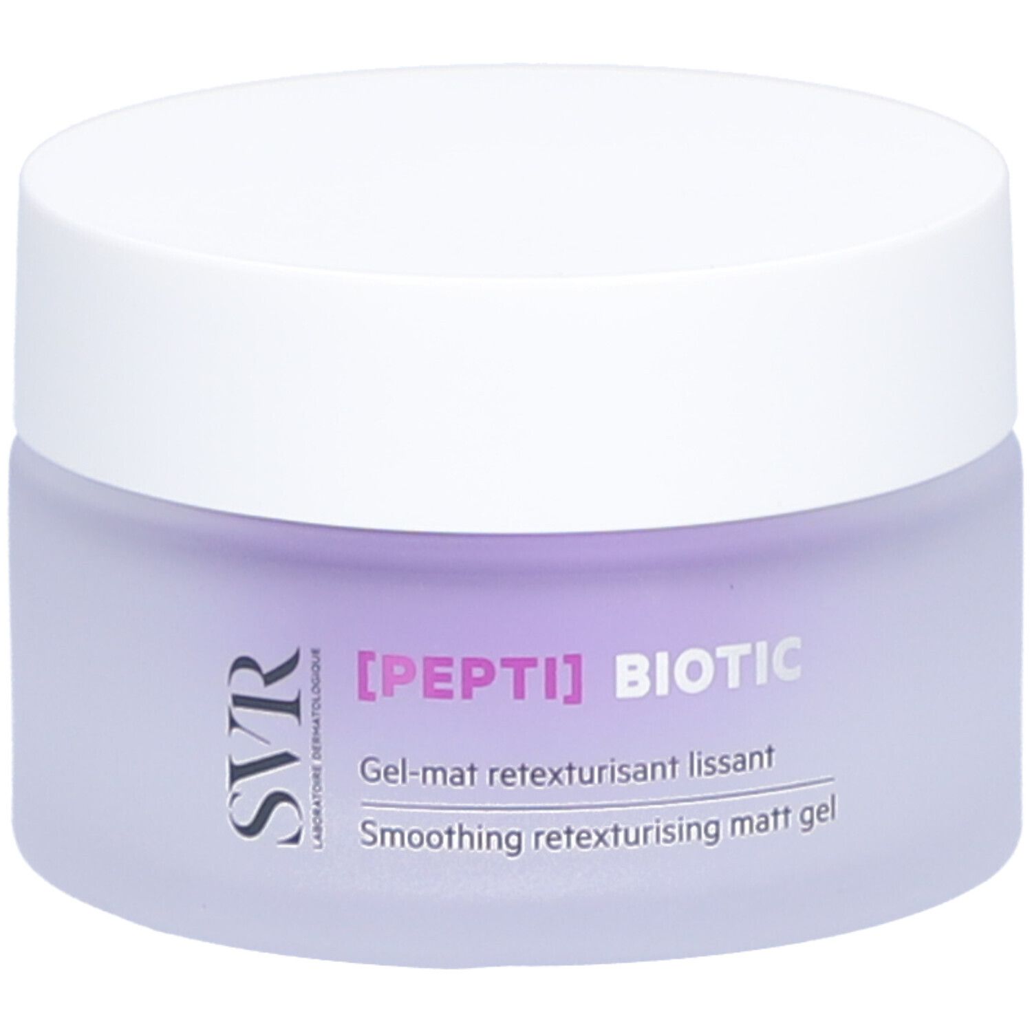 Pot de crème avec couvercle blanc et verre violet. Inscription : [PEPTI] BIOTIC, SVR.