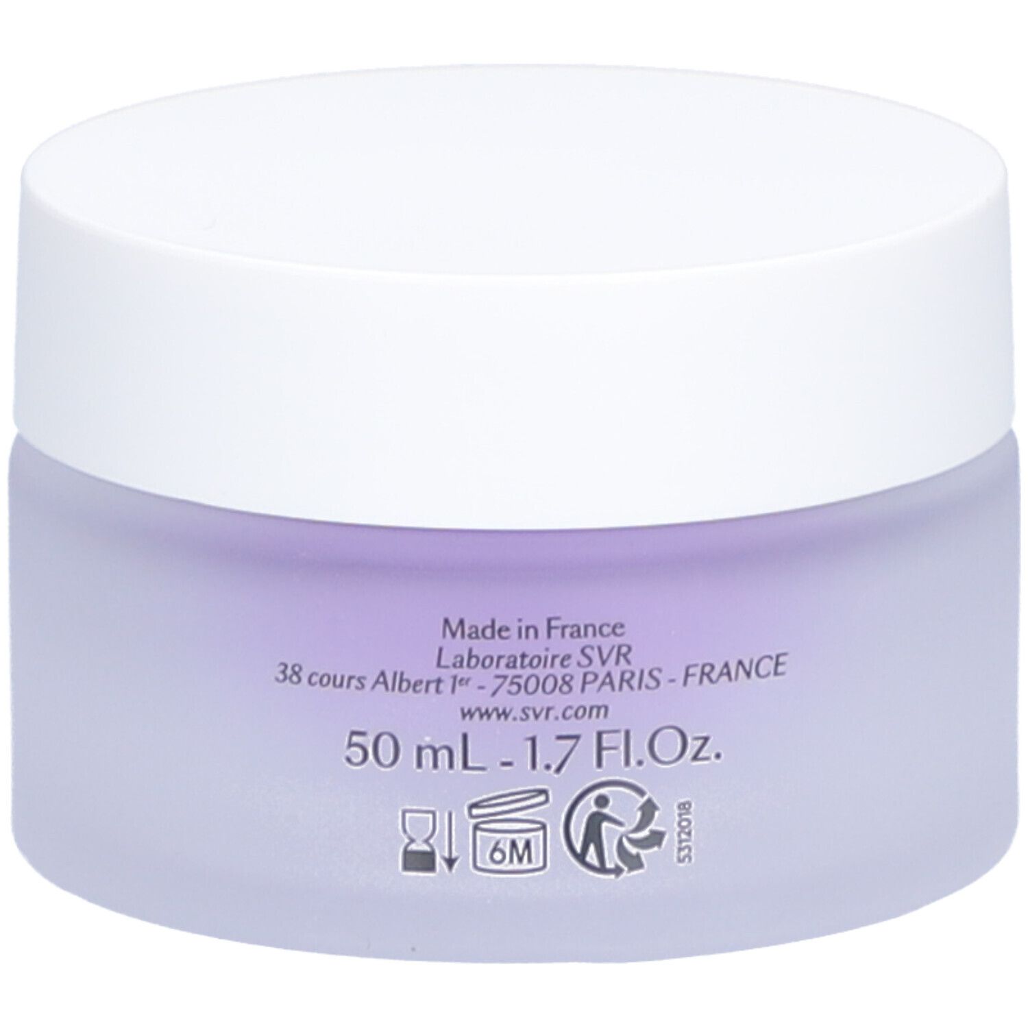 Pot de crème avec couvercle blanc et verre violet. Inscription : 50 ml - 1.7 Fl.Oz., SVR.