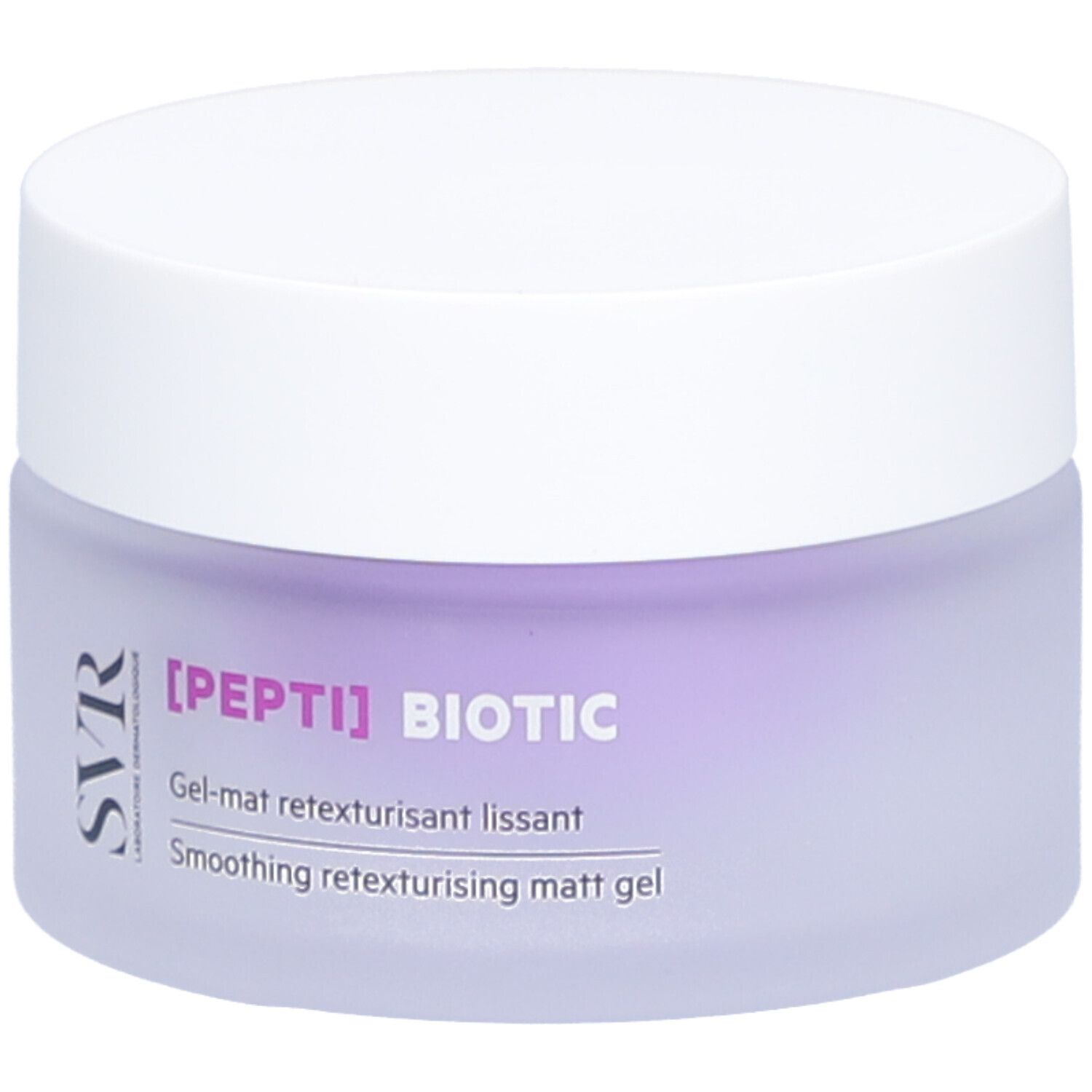 Pot de crème avec couvercle blanc et verre violet. Inscription : [PEPTI] BIOTIC, SVR.
