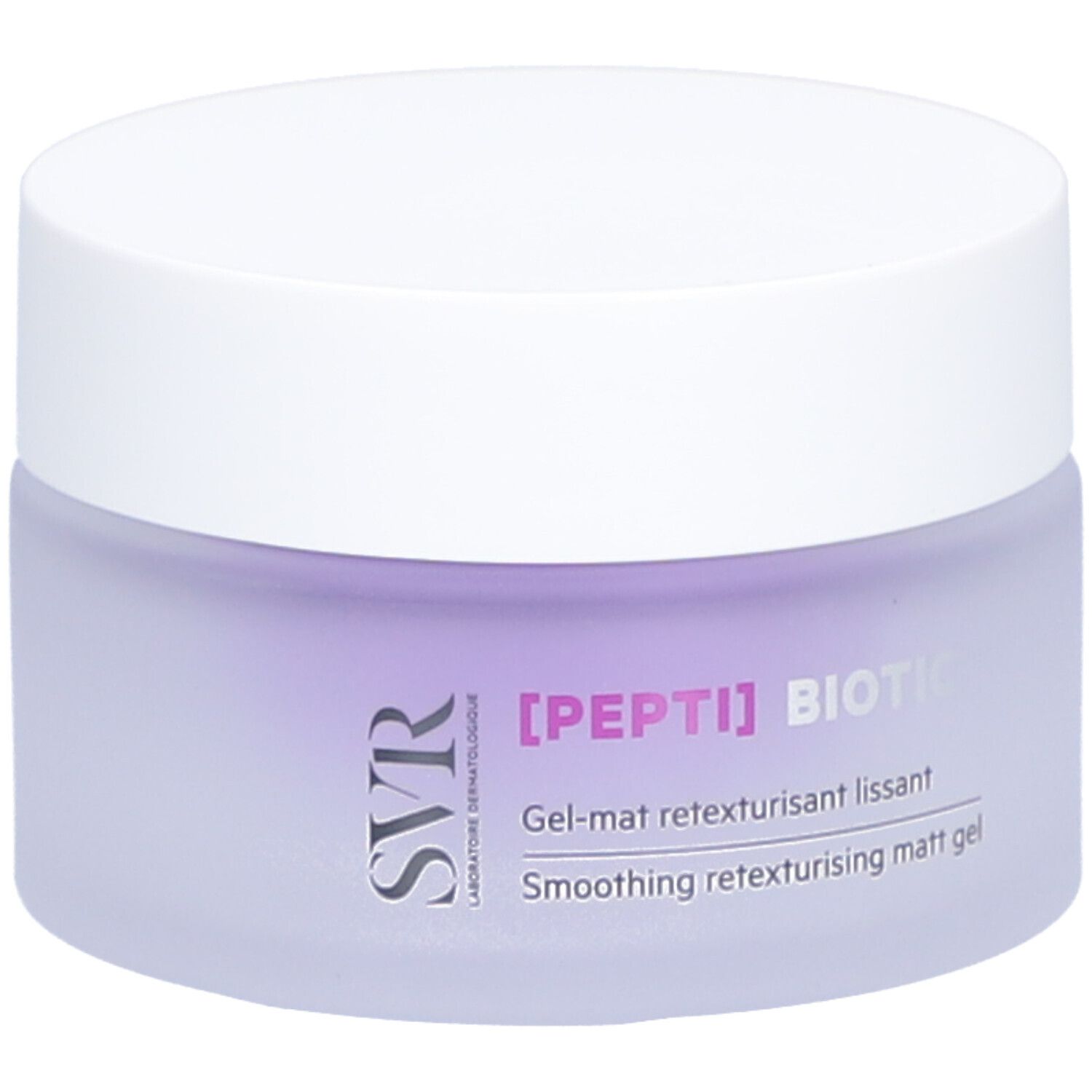 Pot de crème avec couvercle blanc et verre violet. Inscription : [PEPTI] BIOTIC, SVR.