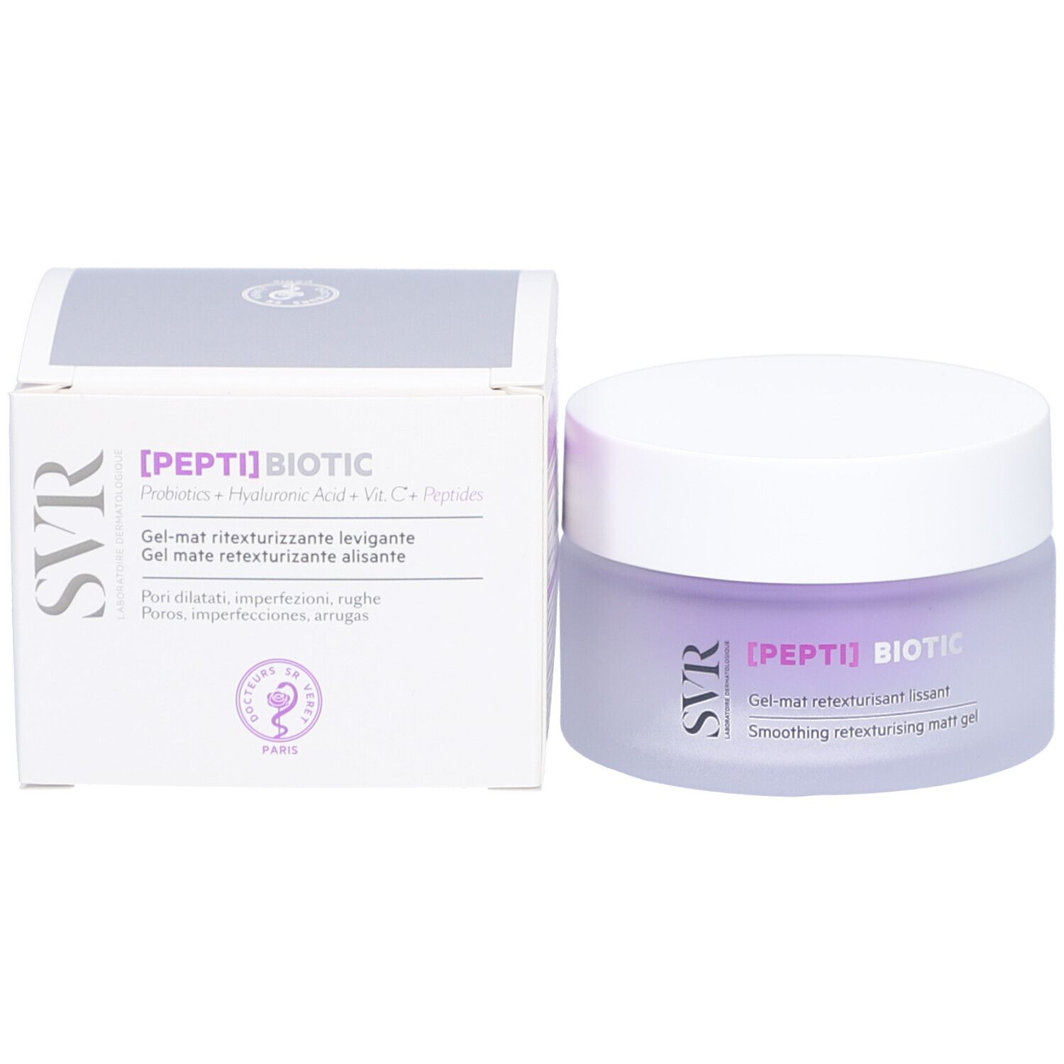 Emballage du produit avec pot de crème et carton. Inscription : [PEPTI] BIOTIC, SVR.