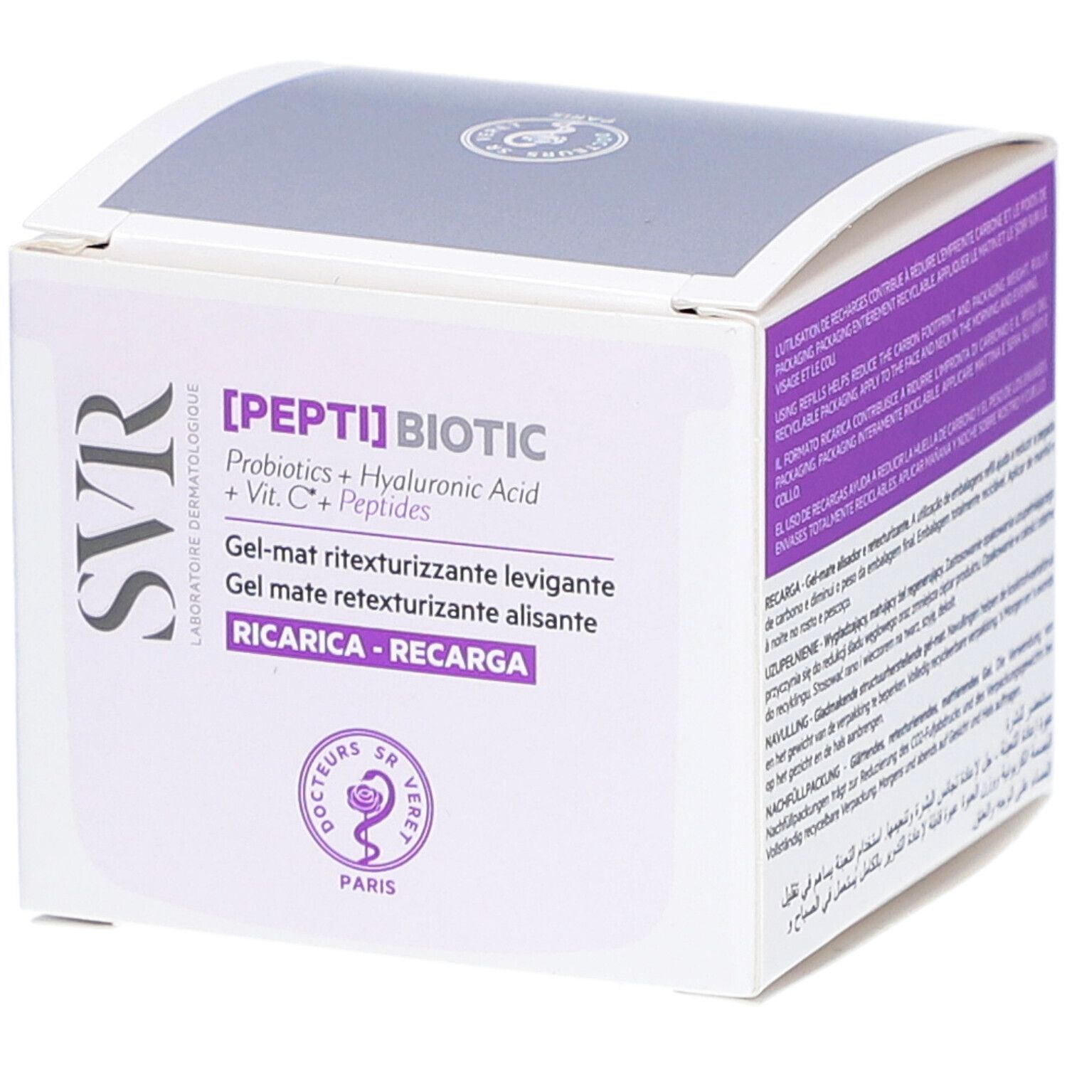 Boîte blanche avec accents violets. Inscription : [PEPTI] BIOTIC, SVR. Gel-mat ritezurizzante levigante. Avec logo.