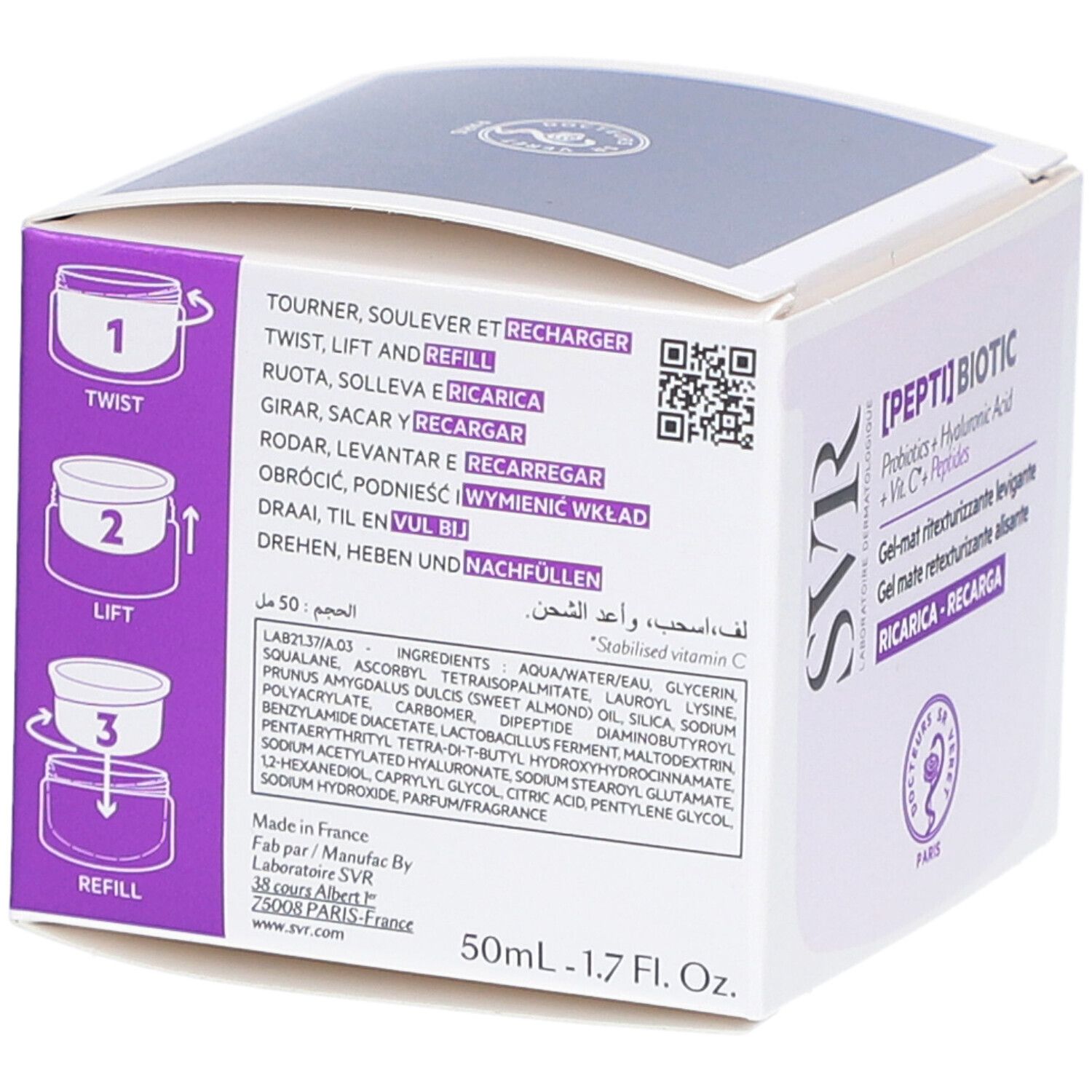 Dos de l'emballage. Illustrations : tourner, soulever, recharger. Texte : 50 ml, ingrédients, code QR, logo SVR.