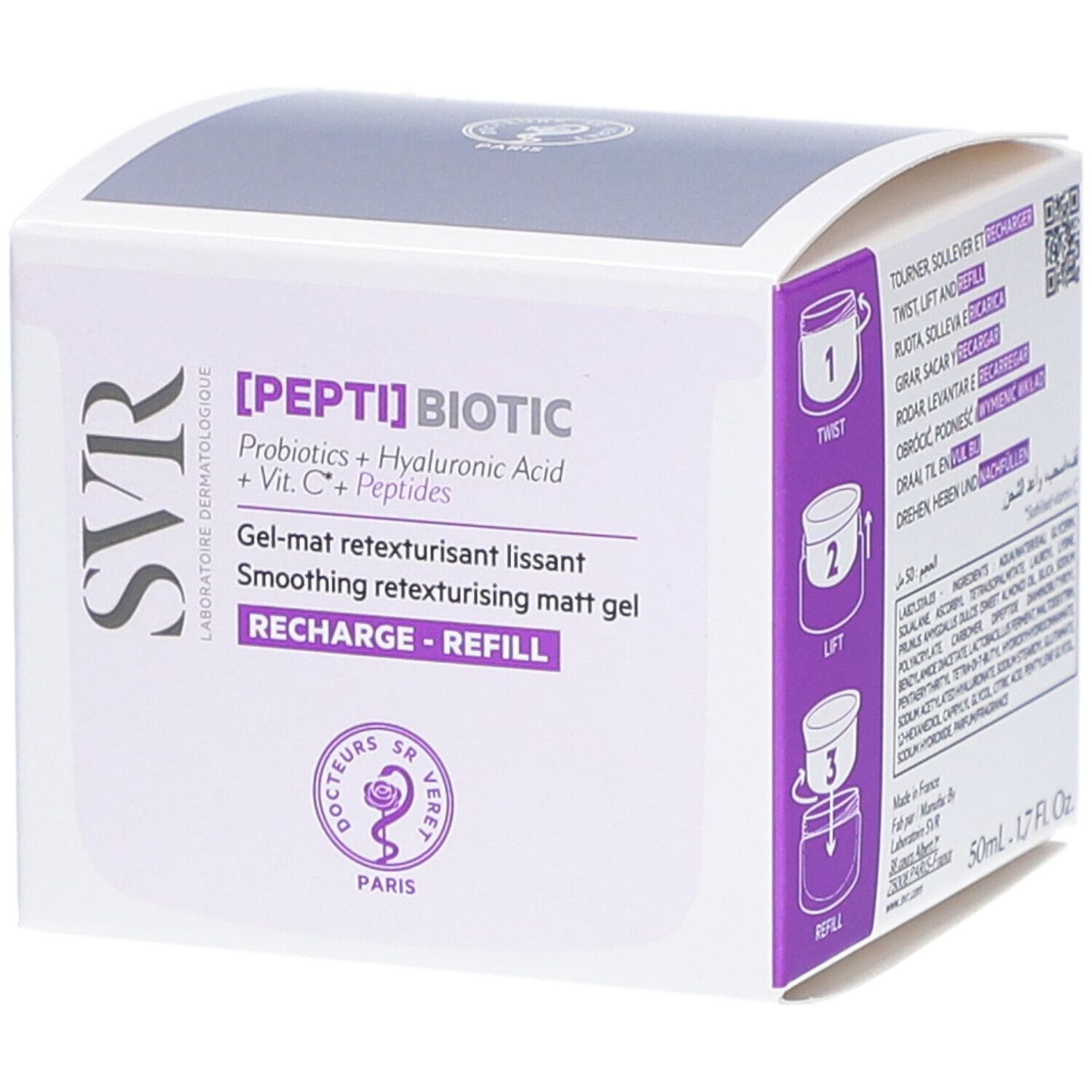 Boîte blanche avec accents violets. Inscription : [PEPTI] BIOTIC, SVR. Gel-mat ritezurizzante levigante. Avec logo.