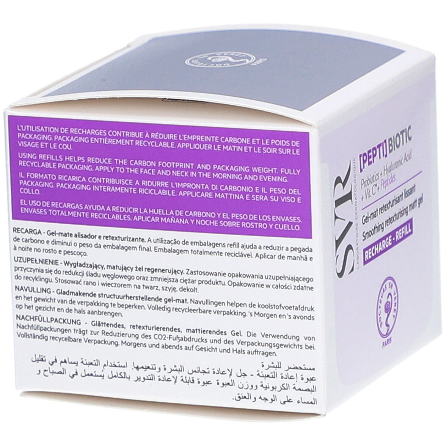 Dos de l'emballage. Texte sur le recyclage et le remplissage. Logo SVR. Texte en plusieurs langues.
