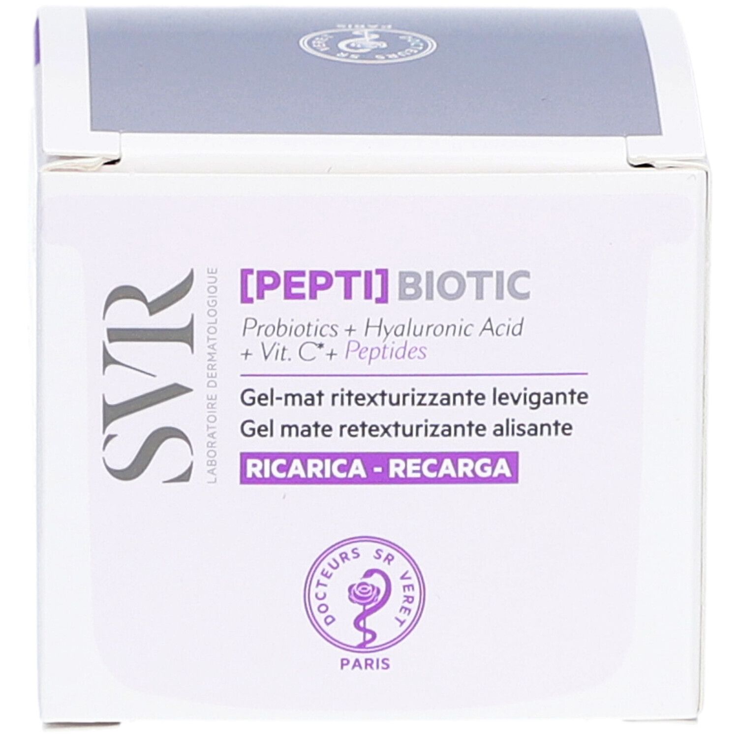 Boîte blanche avec accents violets. Inscription : [PEPTI] BIOTIC, SVR. Gel-mat ritezurizzante levigante. Avec logo.