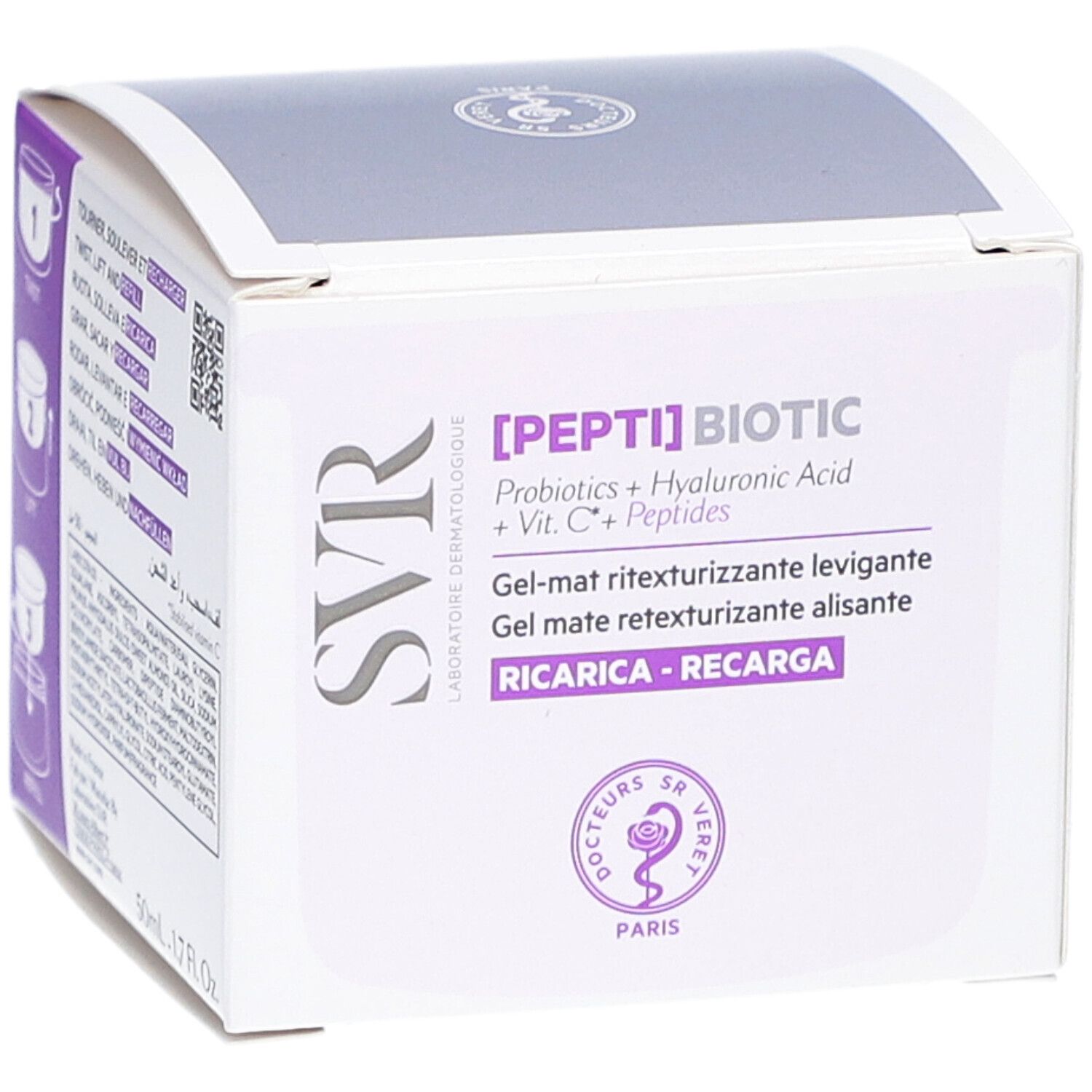 Boîte blanche avec accents violets. Inscription : [PEPTI] BIOTIC, SVR. Gel-mat ritezurizzante levigante. Avec logo.