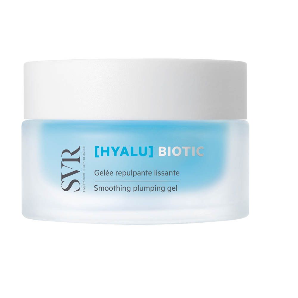 Pot bleu avec couvercle blanc. Inscription : [HYALU] BIOTIC, Gelée repulpante lissante, Smoothing plumping gel. Marque : SVR.