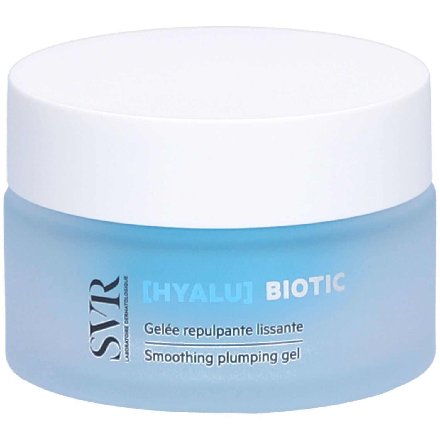 Pot bleu avec couvercle blanc. Inscription : [HYALU] BIOTIC, Gelée repulpante lissante, Smoothing plumping gel. Marque : SVR.