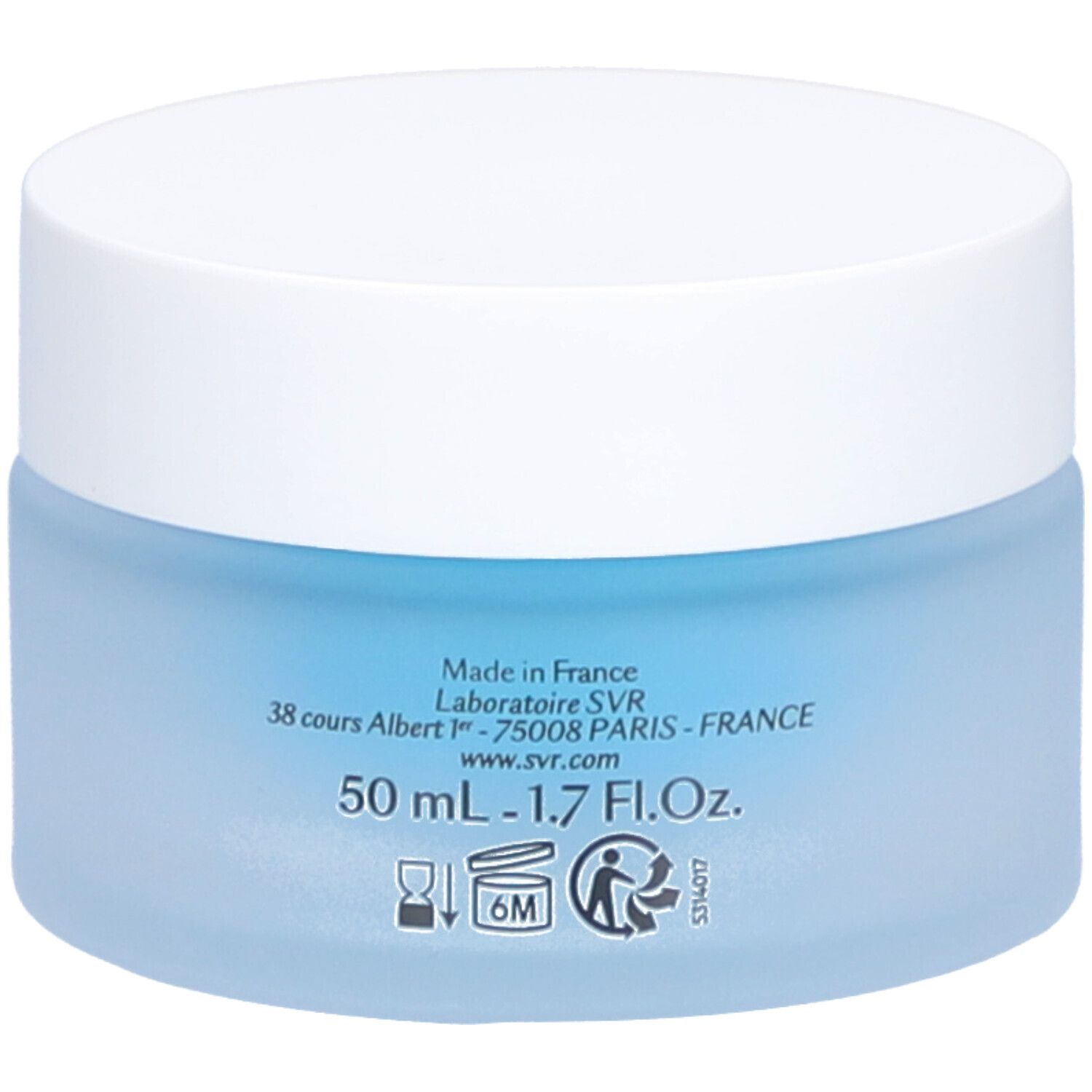 Pot bleu avec couvercle blanc. Inscription : 50 ml - 1.7 Fl.Oz. Fabriqué en France. Marque : SVR. Texte et symboles.