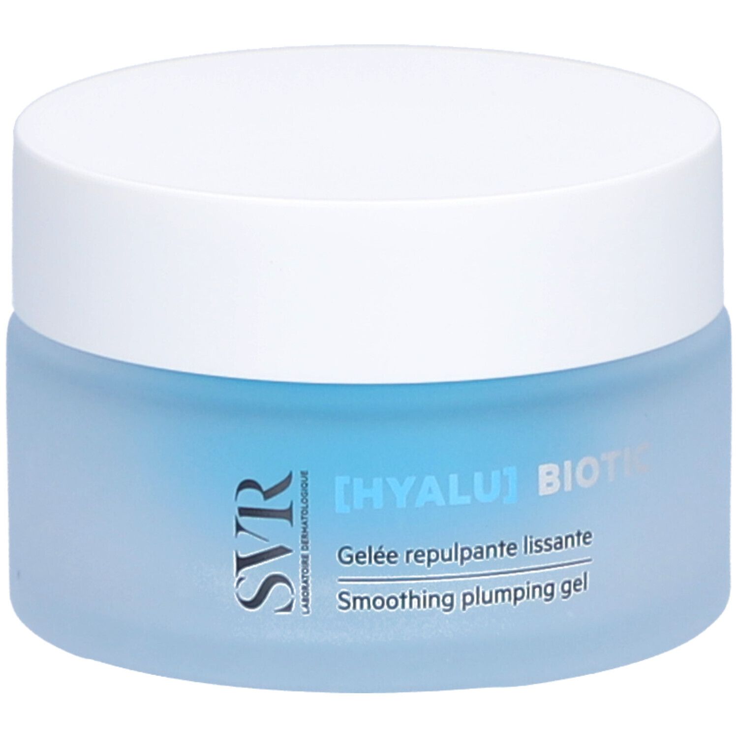 Pot bleu avec couvercle blanc. Inscription : [HYALU] BIOTIC, Gelée repulpante lissante, Smoothing plumping gel. Marque : SVR.