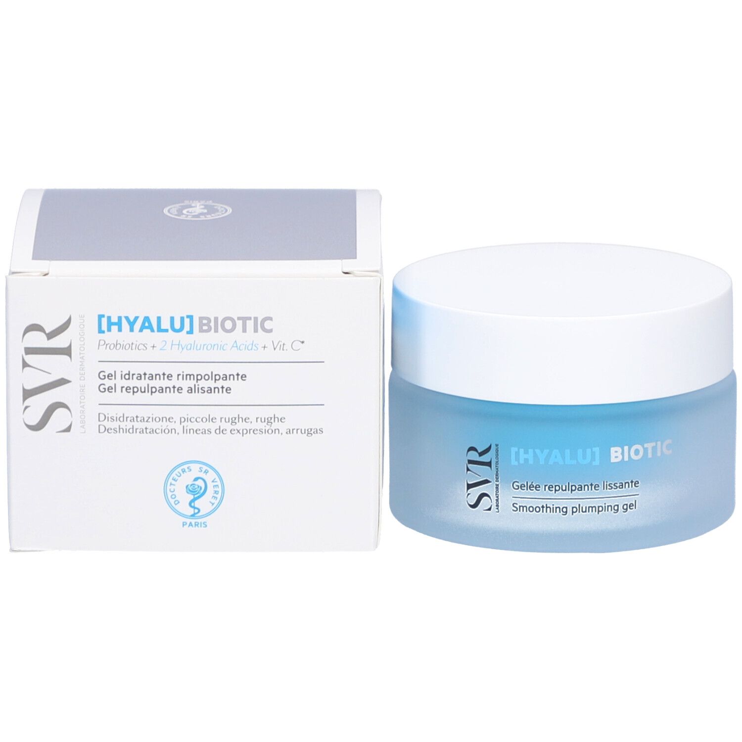 Emballage du produit et pot. Inscription : [HYALU] BIOTIC, Gel idratante rimpolpante, Gel repulpante alisante. Marque : SVR.