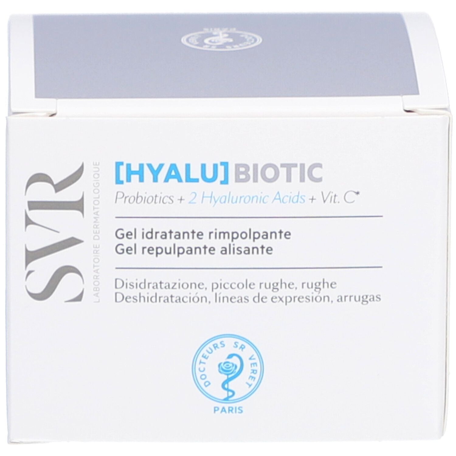 Emballage du produit. Inscription : [HYALU] BIOTIC, Gel idratante rimpolpante, Gel repulpante alisante. Marque : SVR.