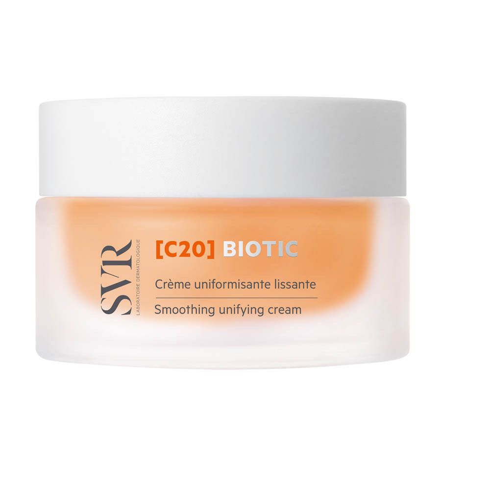 Pot de crème avec couvercle blanc. Inscription : [C20] BIOTIC, Crème uniformisante lissante, Smoothing unifying cream. Marque SVR.