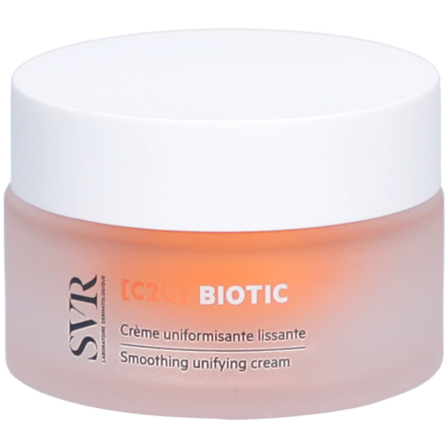 Pot de crème avec couvercle blanc. Inscription : [C20] BIOTIC, Crème uniformisante lissante, Smoothing unifying cream. Marque SVR.