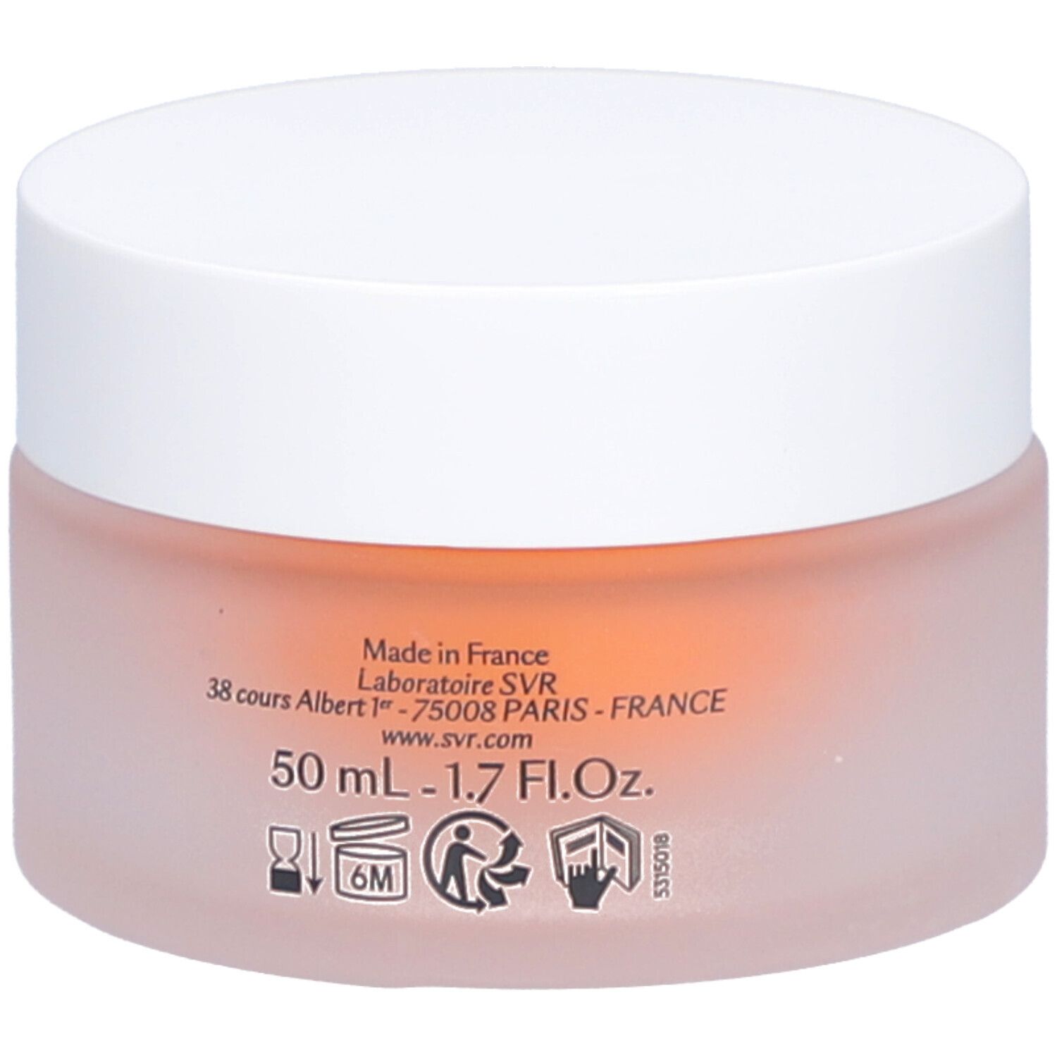 Pot de crème avec couvercle blanc. Inscription : Made in France, 50 ml, marque SVR.