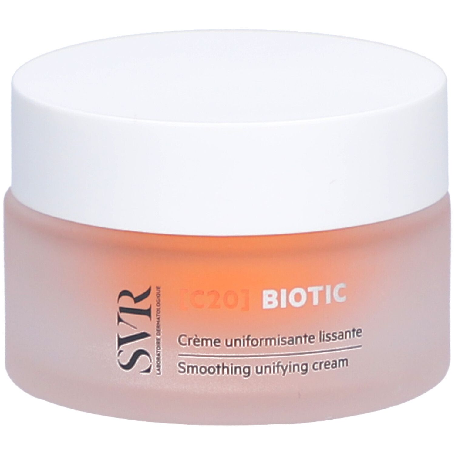 Pot de crème avec couvercle blanc. Inscription : [C20] BIOTIC, Crème uniformisante lissante, Smoothing unifying cream. Marque SVR.