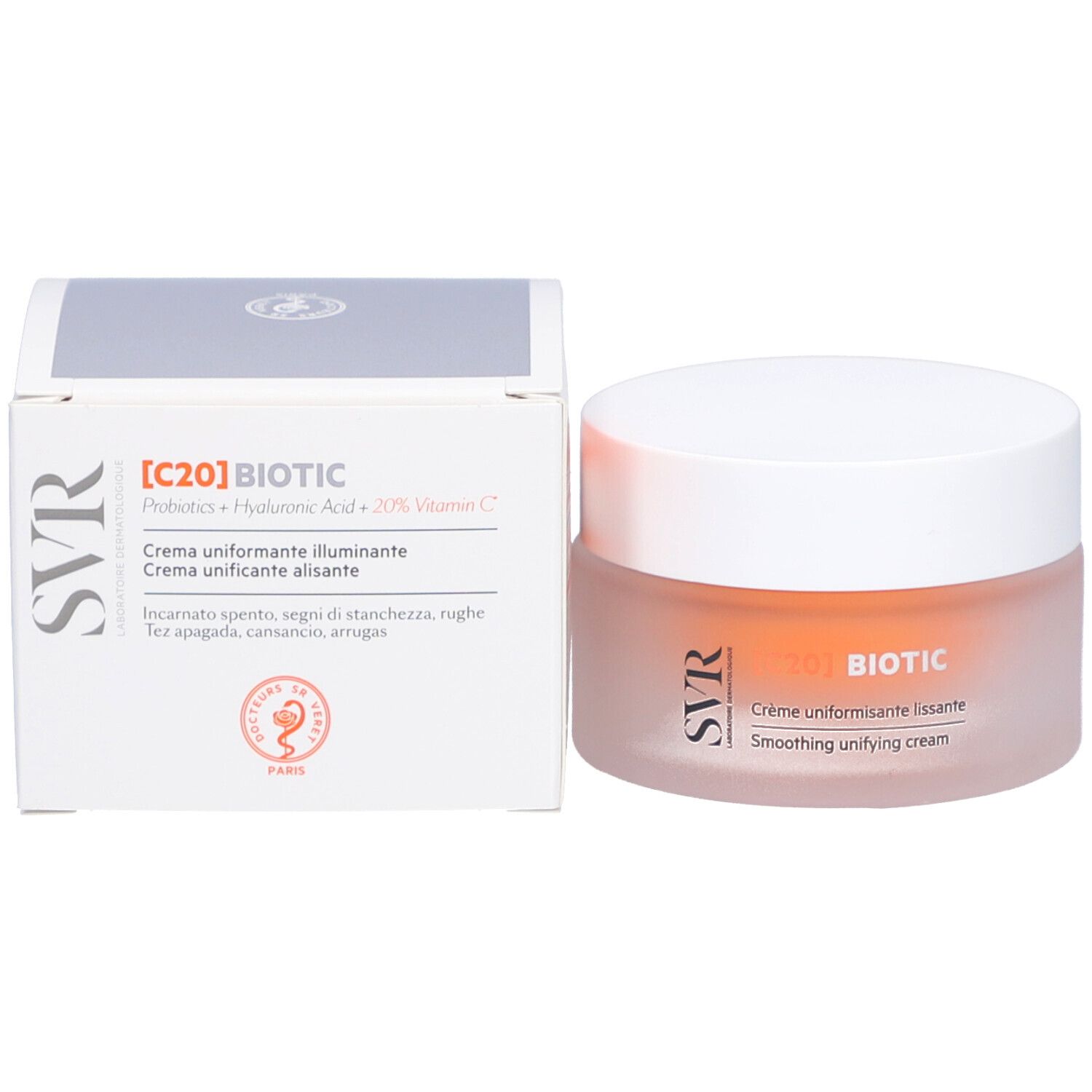 Pot de crème et boîte. Inscription : [C20] BIOTIC, Probiotics + Hyaluronic Acid + 20% Vitamin C. Marque SVR.
