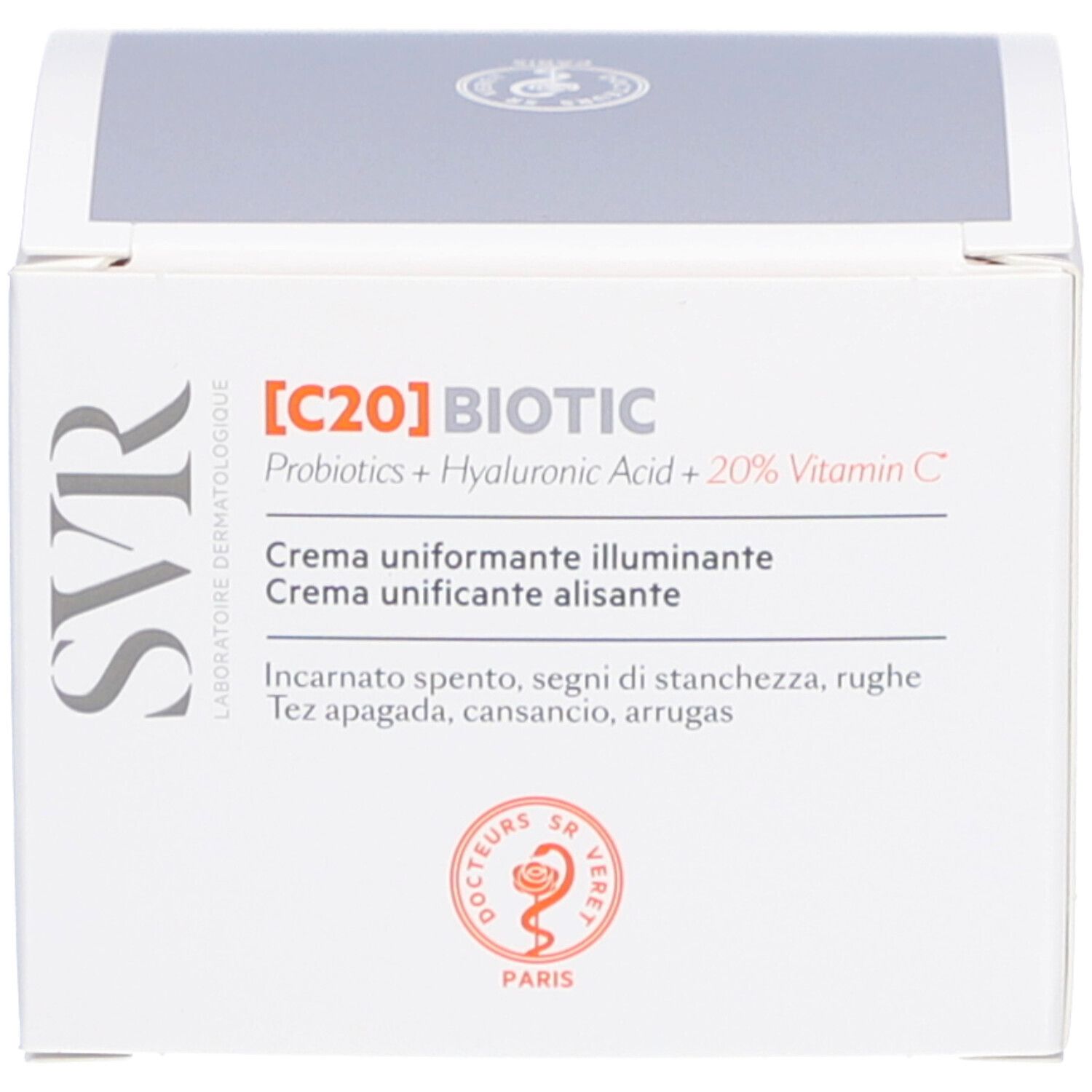 Boîte avec inscription : [C20] BIOTIC, Probiotics + Hyaluronic Acid + 20% Vitamin C. Marque SVR.