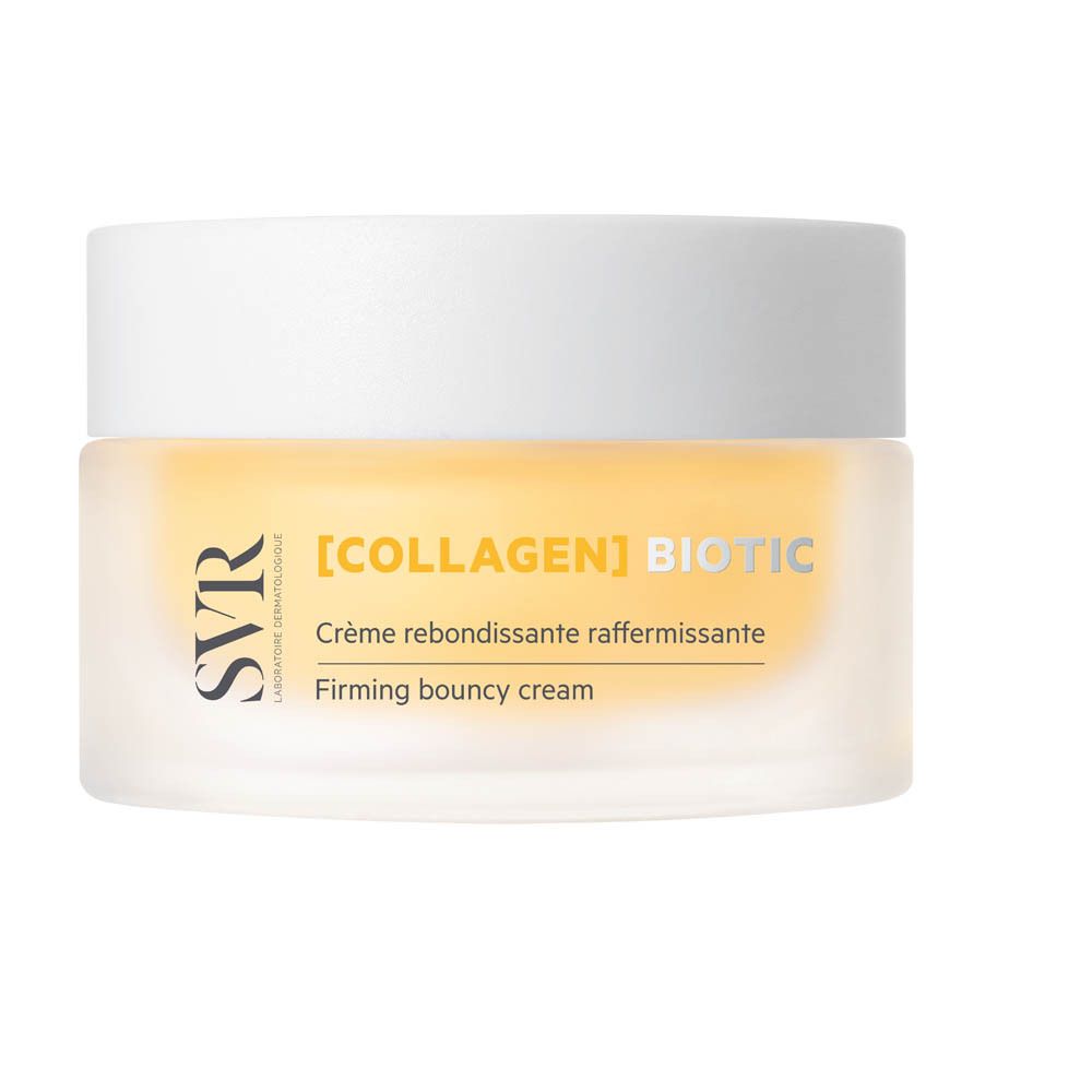 Pot de crème avec couvercle blanc. Inscription : SVR, [COLLAGEN] BIOTIC, Crème rebondissante raffermissante, Firming bouncy cream.