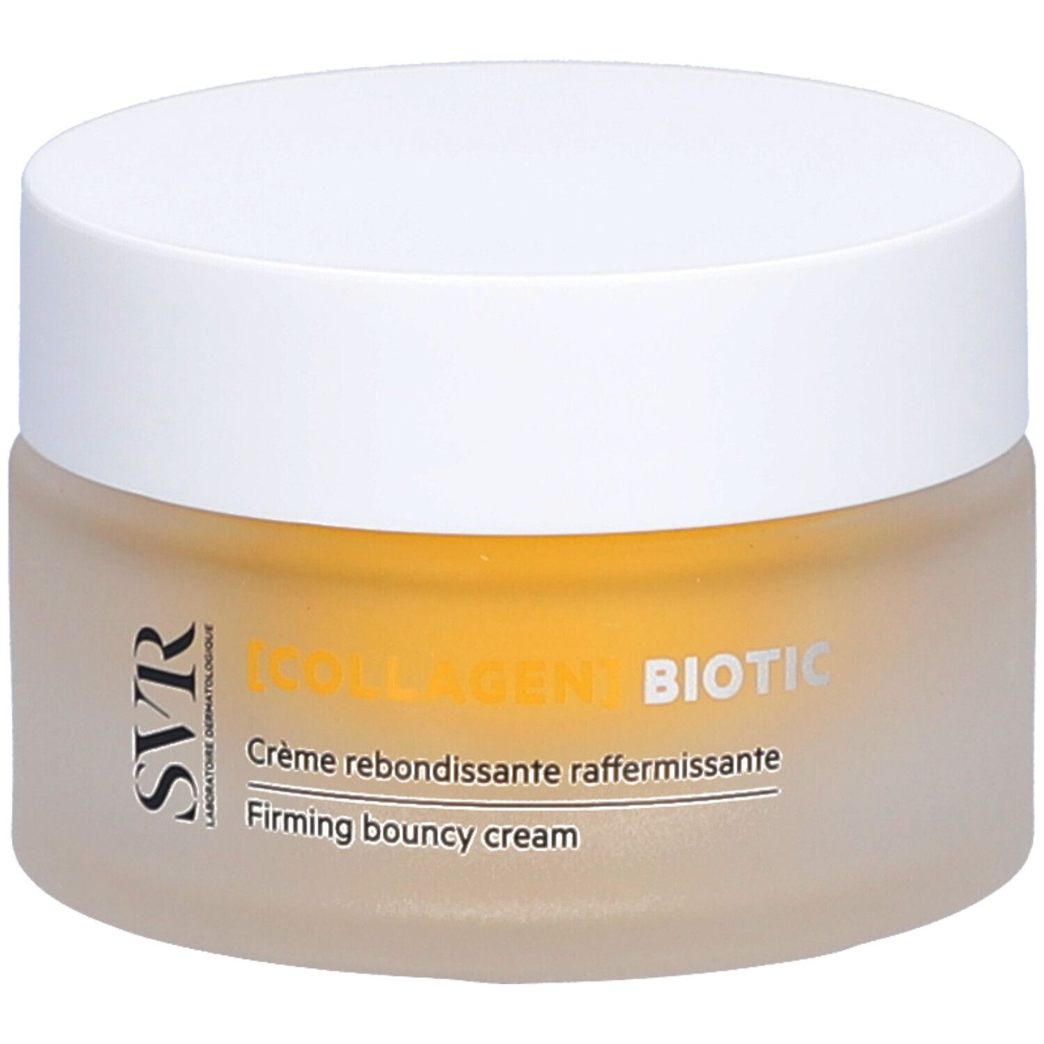 Pot de crème avec couvercle blanc. Inscription : SVR, [COLLAGEN] BIOTIC, Crème rebondissante raffermissante, Firming bouncy cream.