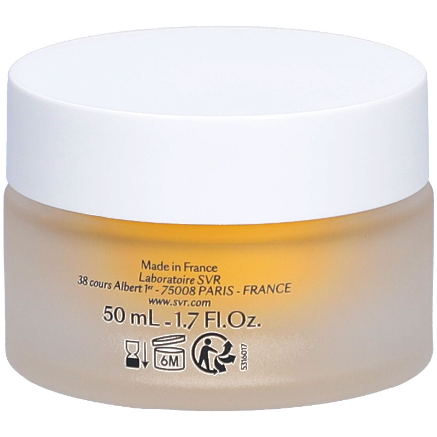 Pot de crème avec couvercle blanc. Inscription : SVR, [COLLAGEN] BIOTIC, Crème rebondissante raffermissante, Firming bouncy cream. 50 ml.
