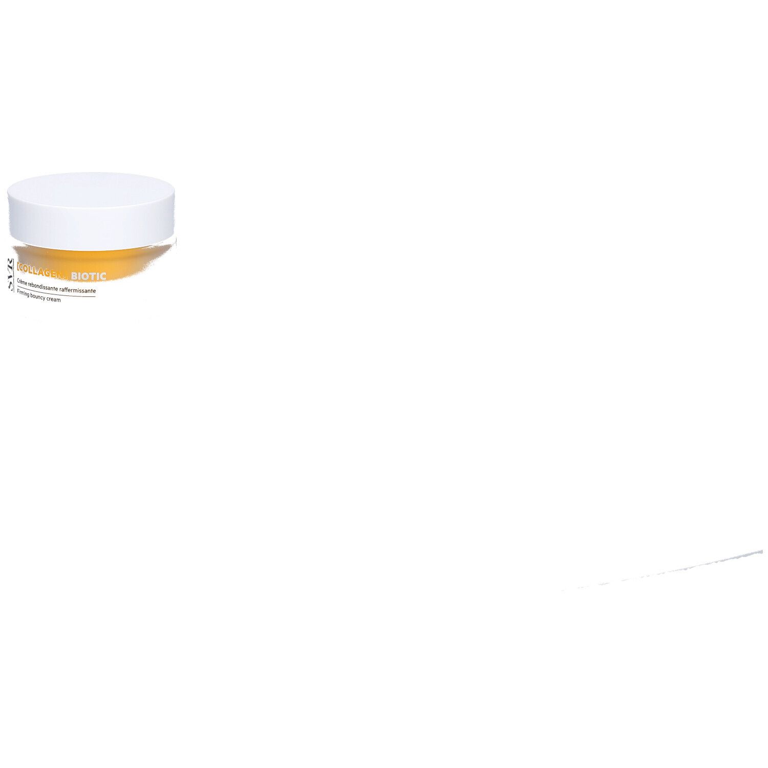 Pot de crème avec couvercle blanc. Crème jaune visible. Inscription illisible.