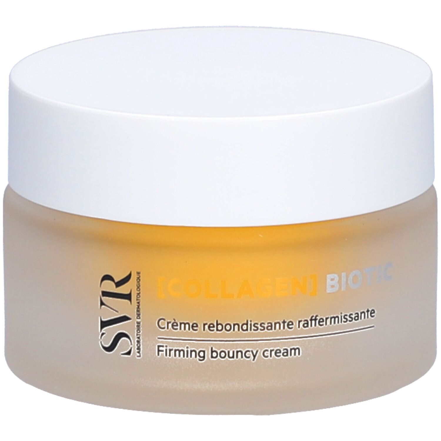 Pot de crème avec couvercle blanc. Inscription : SVR, [COLLAGEN] BIOTIC, Crème rebondissante raffermissante, Firming bouncy cream.