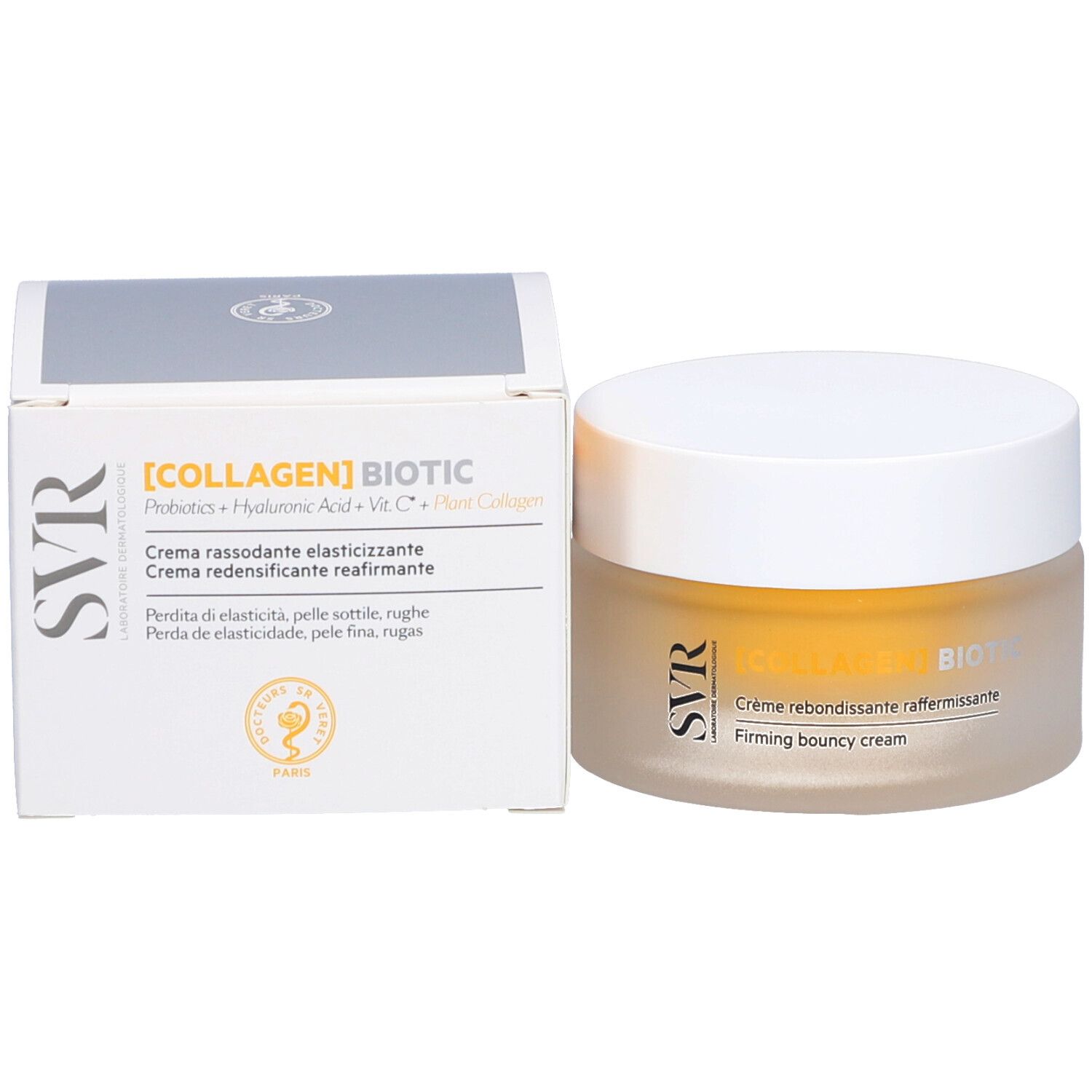 Pot de crème et boîte. Inscription : SVR, [COLLAGEN] BIOTIC, Probiotiques + Acide hyaluronique + Vit. C + Collagène végétal.