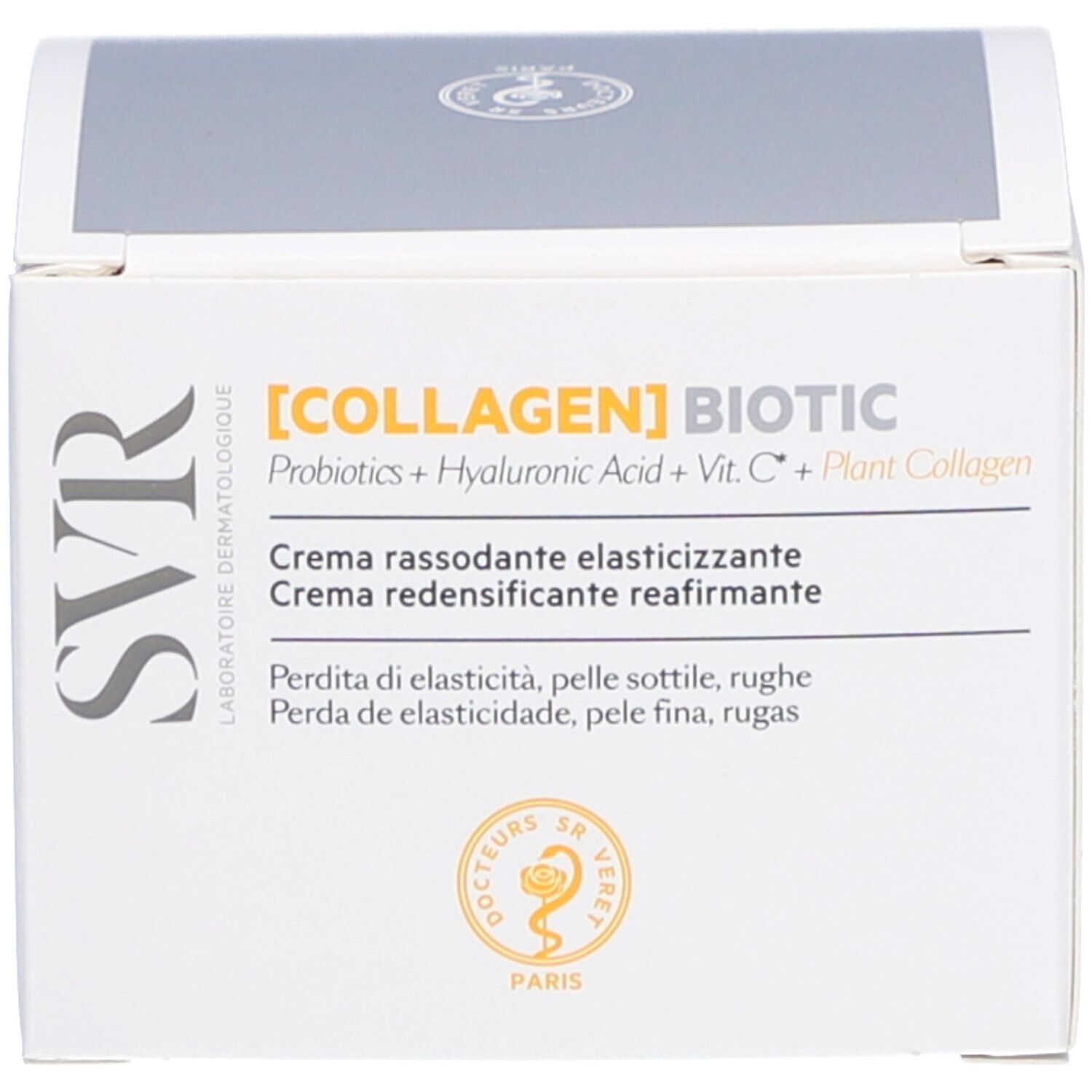 Boîte. Inscription : SVR, [COLLAGEN] BIOTIC, Probiotiques + Acide hyaluronique + Vit. C + Collagène végétal.