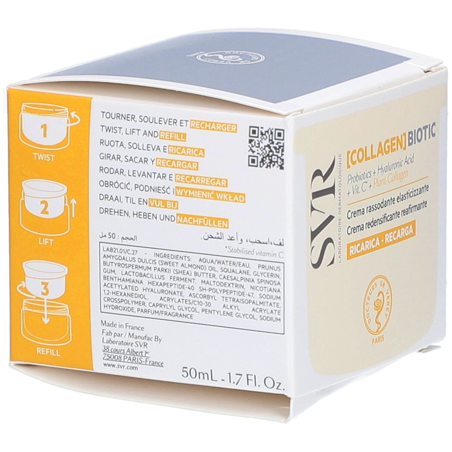 Rückseite der Verpackung mit Anweisungen und Inhaltsstoffen. QR-Code und Text in mehreren Sprachen.