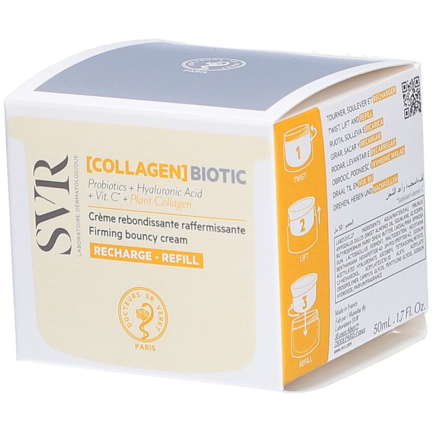 Weiße Verpackung mit Produktinformationen. Aufschrift: [COLLAGEN] BIOTIC, SVR. Creme für Gesicht.