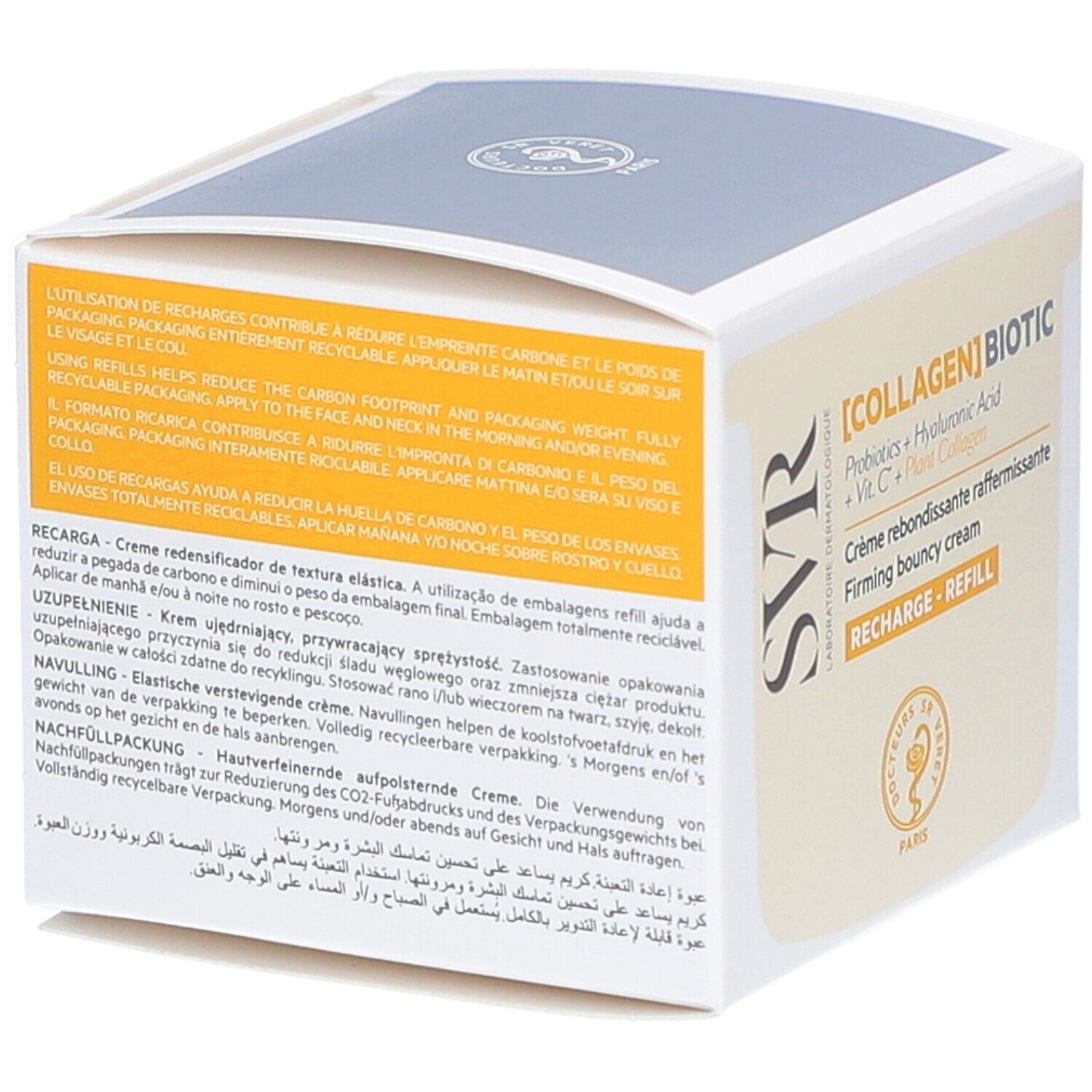 Verpackung mit Produktinformationen. Aufschrift: [COLLAGEN] BIOTIC, SVR. Creme für Gesicht.