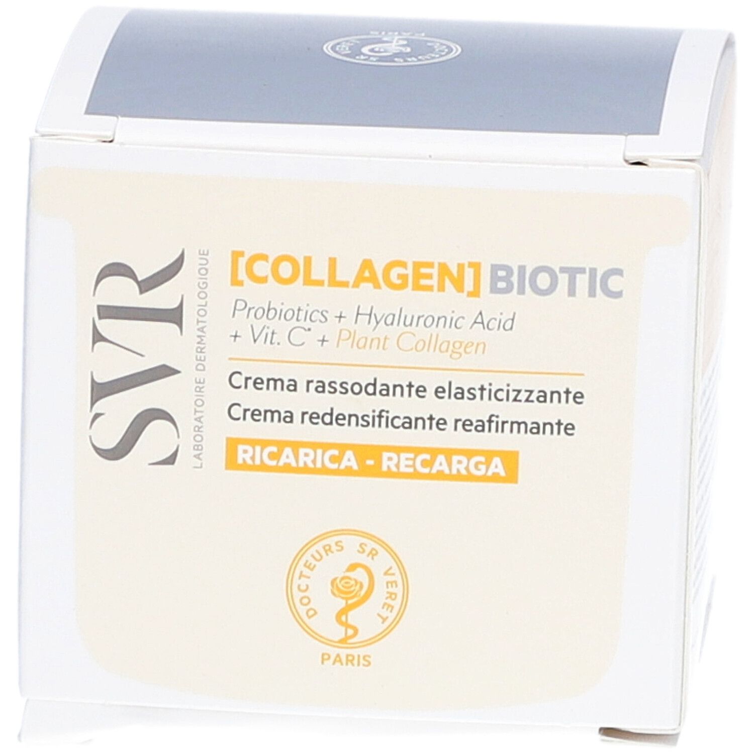 Weiße Verpackung mit Produktinformationen. Aufschrift: [COLLAGEN] BIOTIC, SVR. Creme für Gesicht.