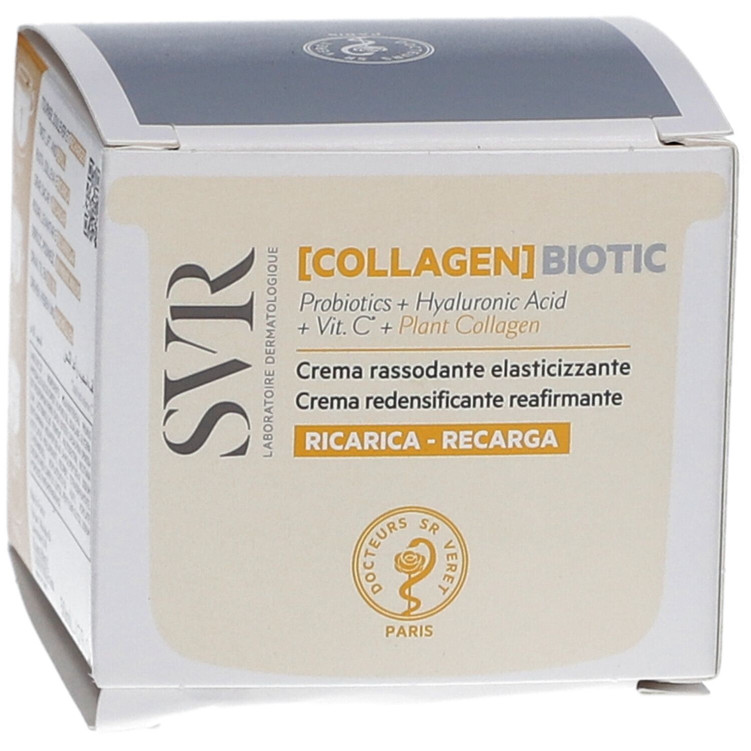 Weiße Verpackung mit Produktinformationen. Aufschrift: [COLLAGEN] BIOTIC, SVR. Creme für Gesicht.