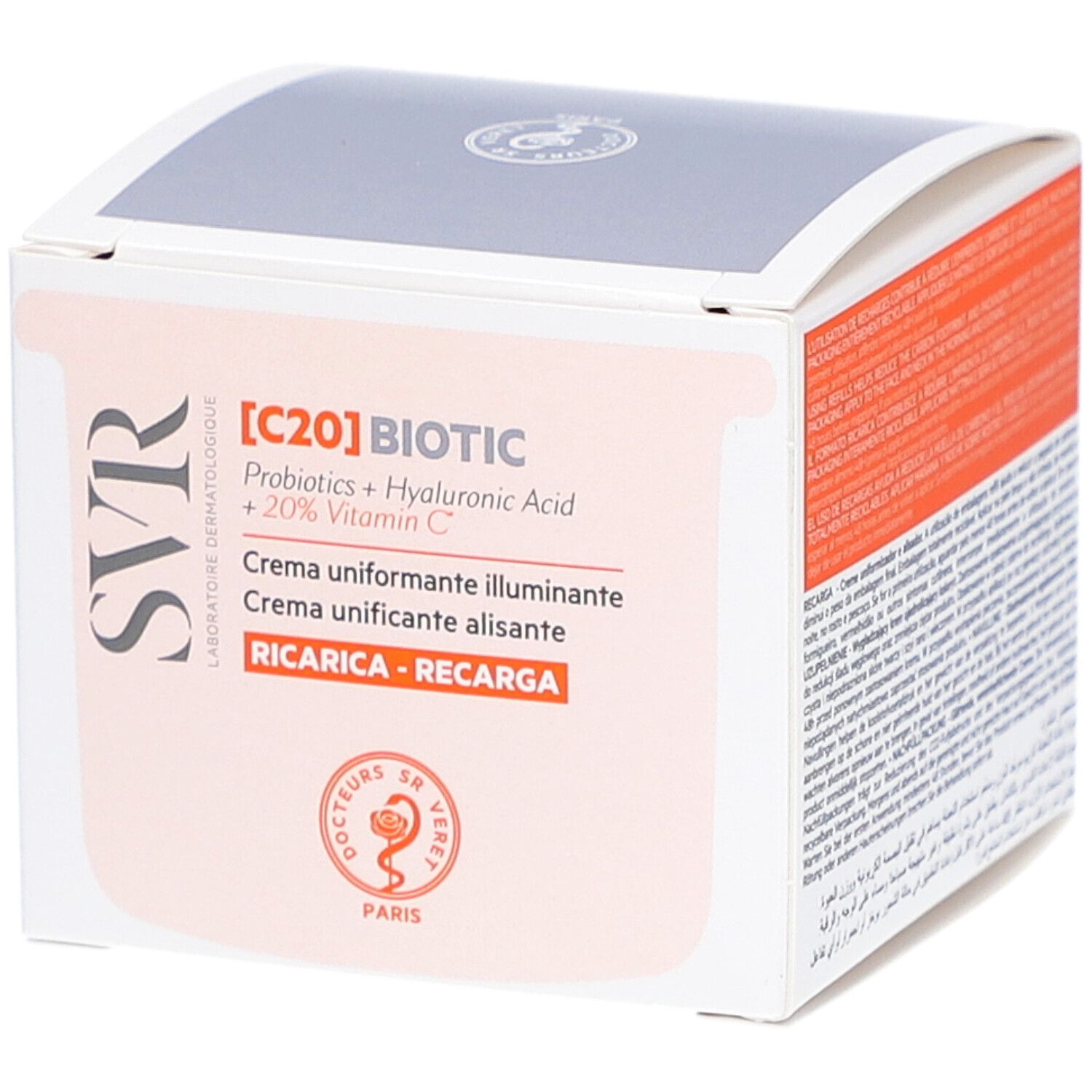Boîte blanche avec informations produit. Inscription : [C20] BIOTIC, Probiotics + Hyaluronic Acid + 20% Vitamin C. Logo.