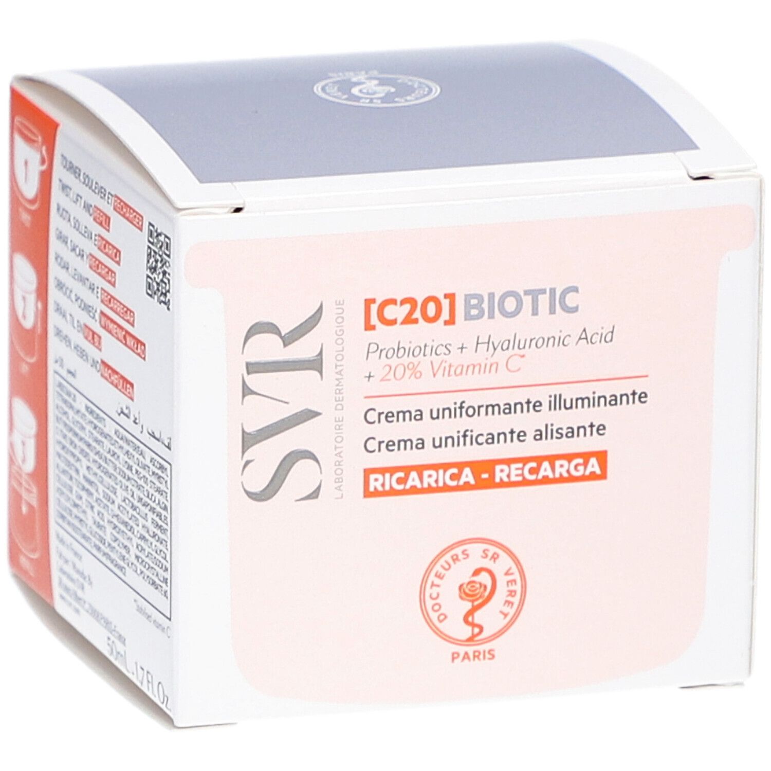 Boîte blanche avec informations produit. Inscription : [C20] BIOTIC, Crème uniformente illuminante. Texte : RICARICA - RECARGA.