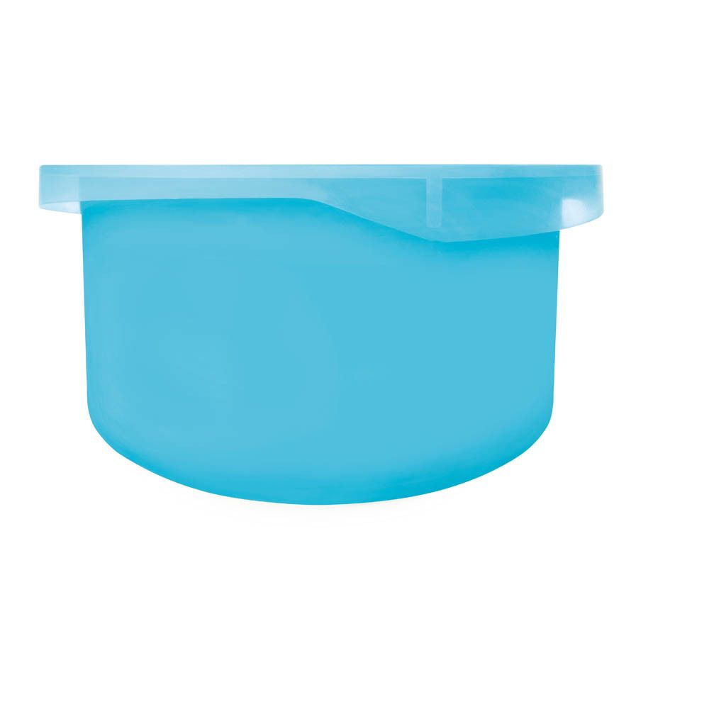 Récipient de produit rond bleu clair avec couvercle. Aucun autre détail visible.
