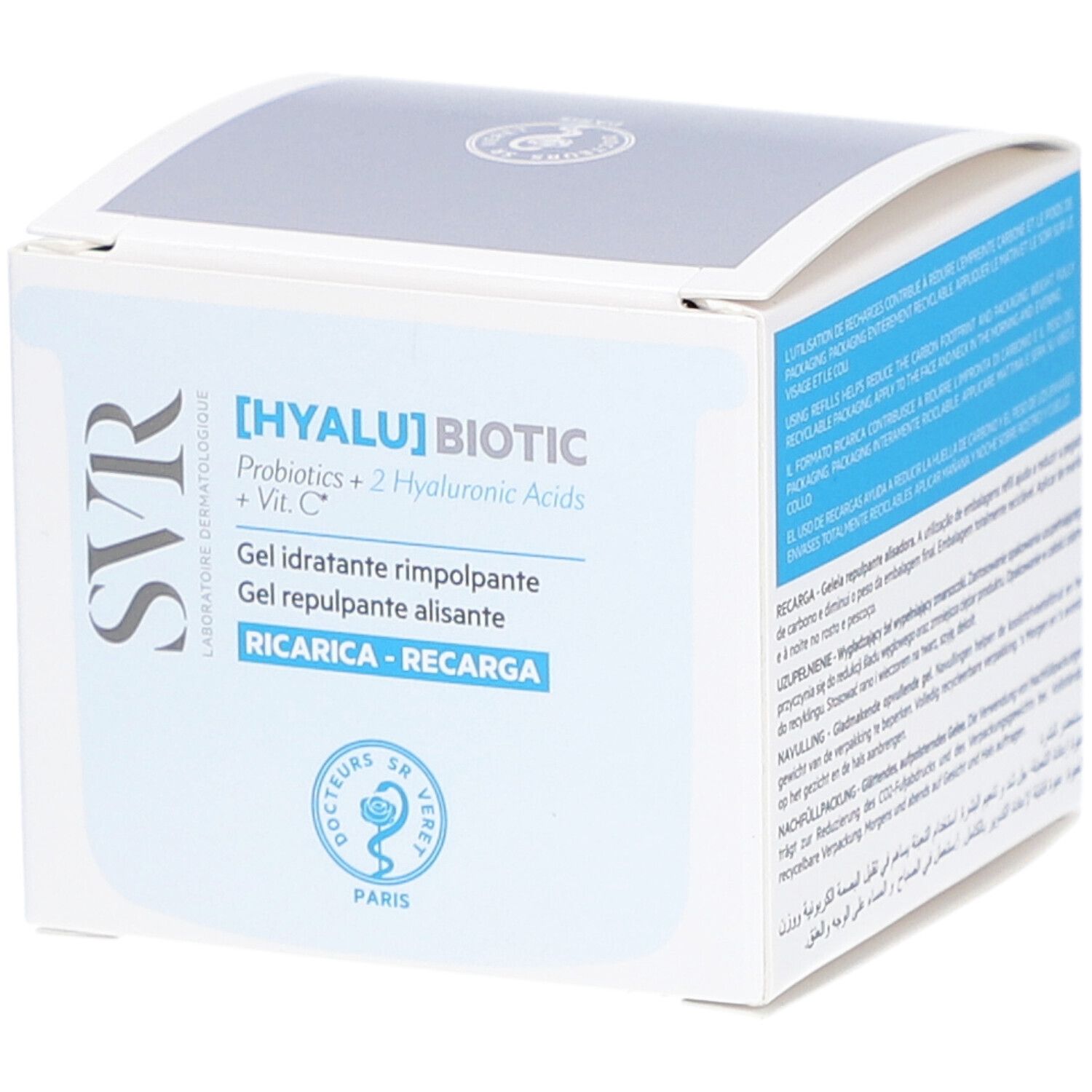 Boîte blanche avec informations produit. Inscription : [HYALU] BIOTIC, Probiotics + 2 Hyaluronic Acids + Vit. C. Marque SVR.