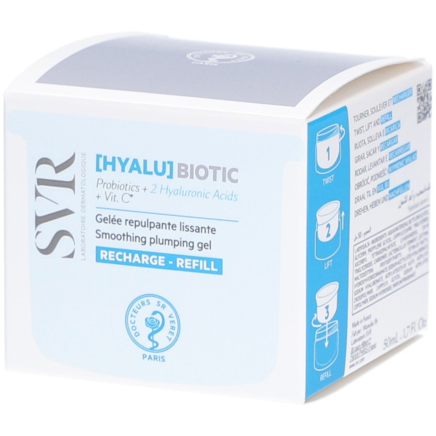 Emballage du produit avec instructions de recharge. Inscription : [HYALU] BIOTIC, Smoothing plumping gel. Marque SVR.