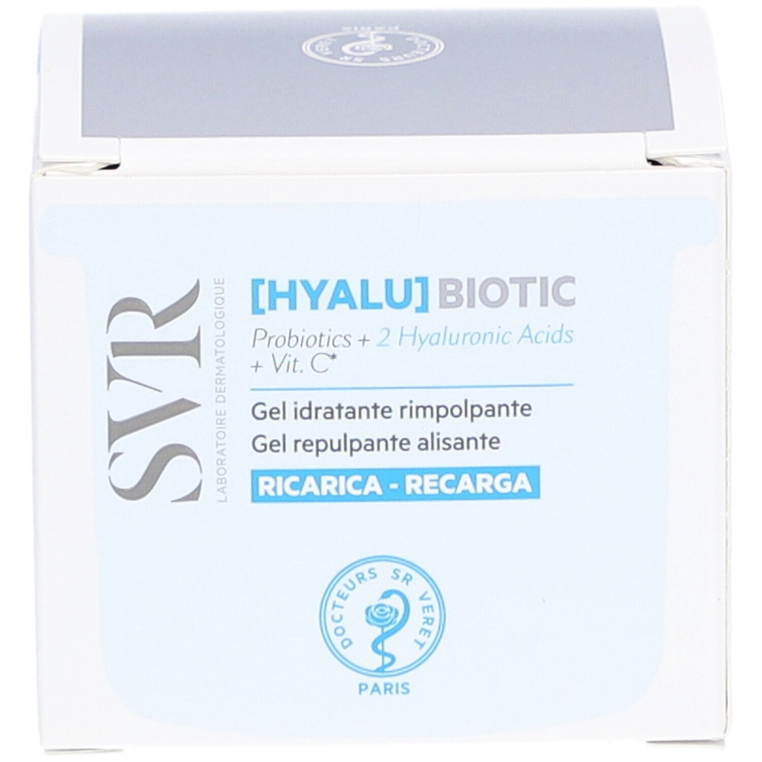 Emballage du produit avec informations. Inscription : [HYALU] BIOTIC, Gel idratante rimpolpante. Marque SVR.