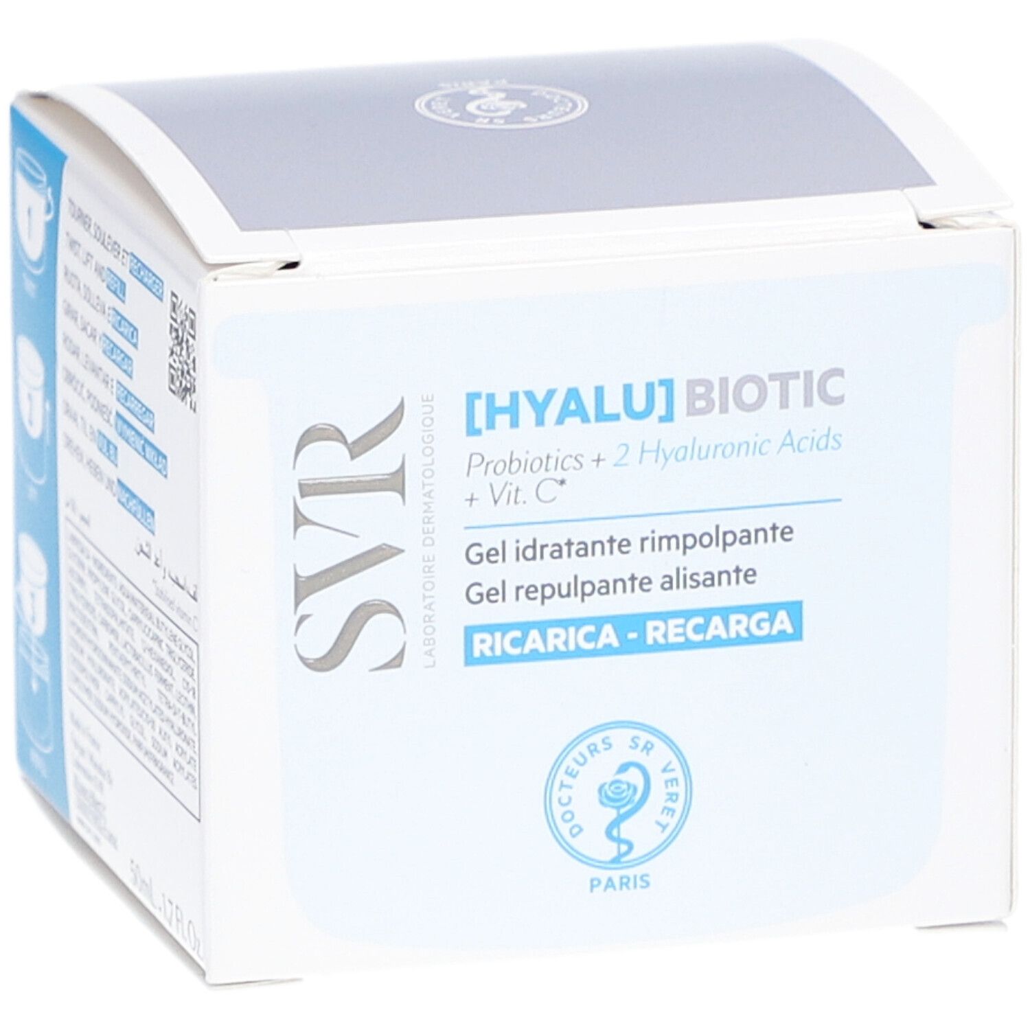 Emballage du produit avec informations. Inscription : [HYALU] BIOTIC, Gel idratante rimpolpante. Marque SVR.
