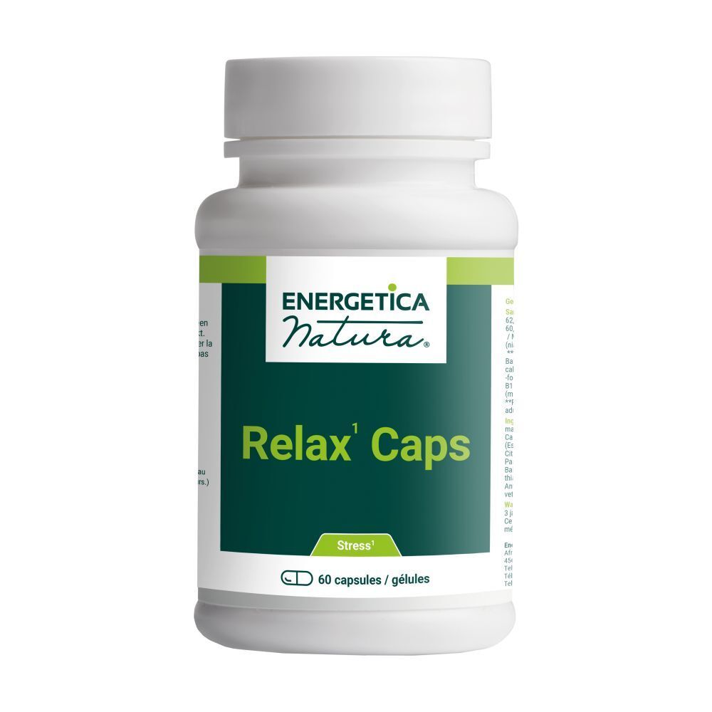 Witte fles met groene band. Opschrift: Energetica Natura, Relax' Caps, 60 capsules. Dop boven.