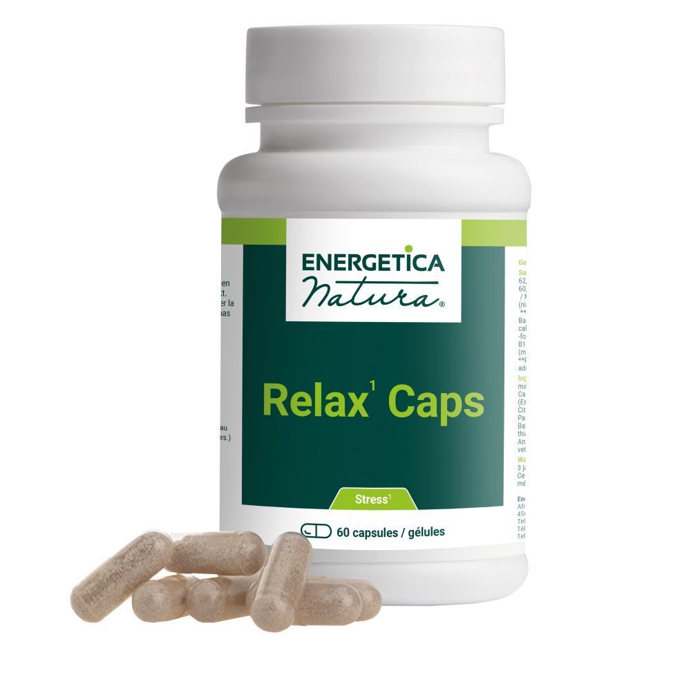 Witte fles met groene band. Opschrift: Energetica Natura, Relax' Caps, 60 capsules. Capsules ernaast.