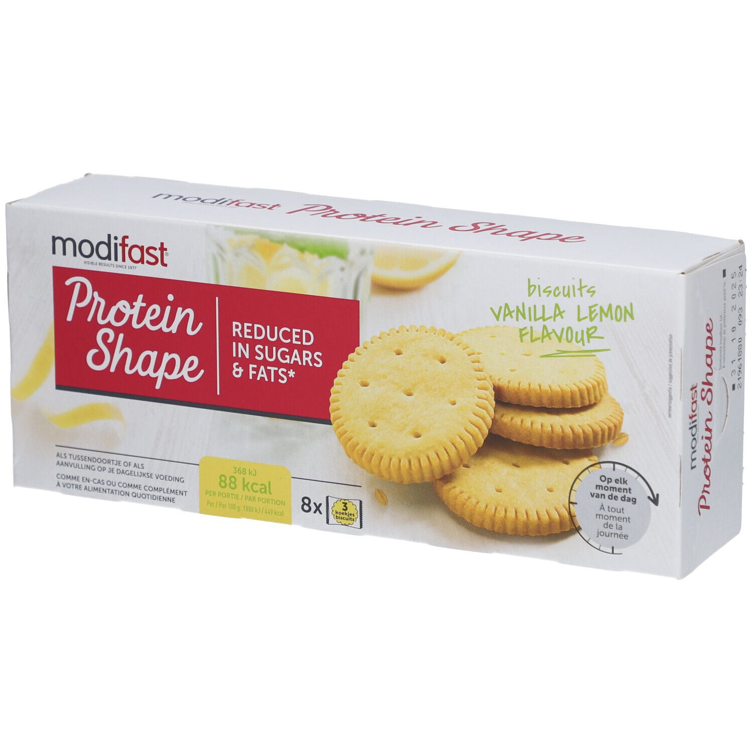Modifast Protein Shape Kekse. Verpackung mit Keksen. Aufdruck: Vanille Zitrone, reduziert Zucker & Fett. 8 Stück.